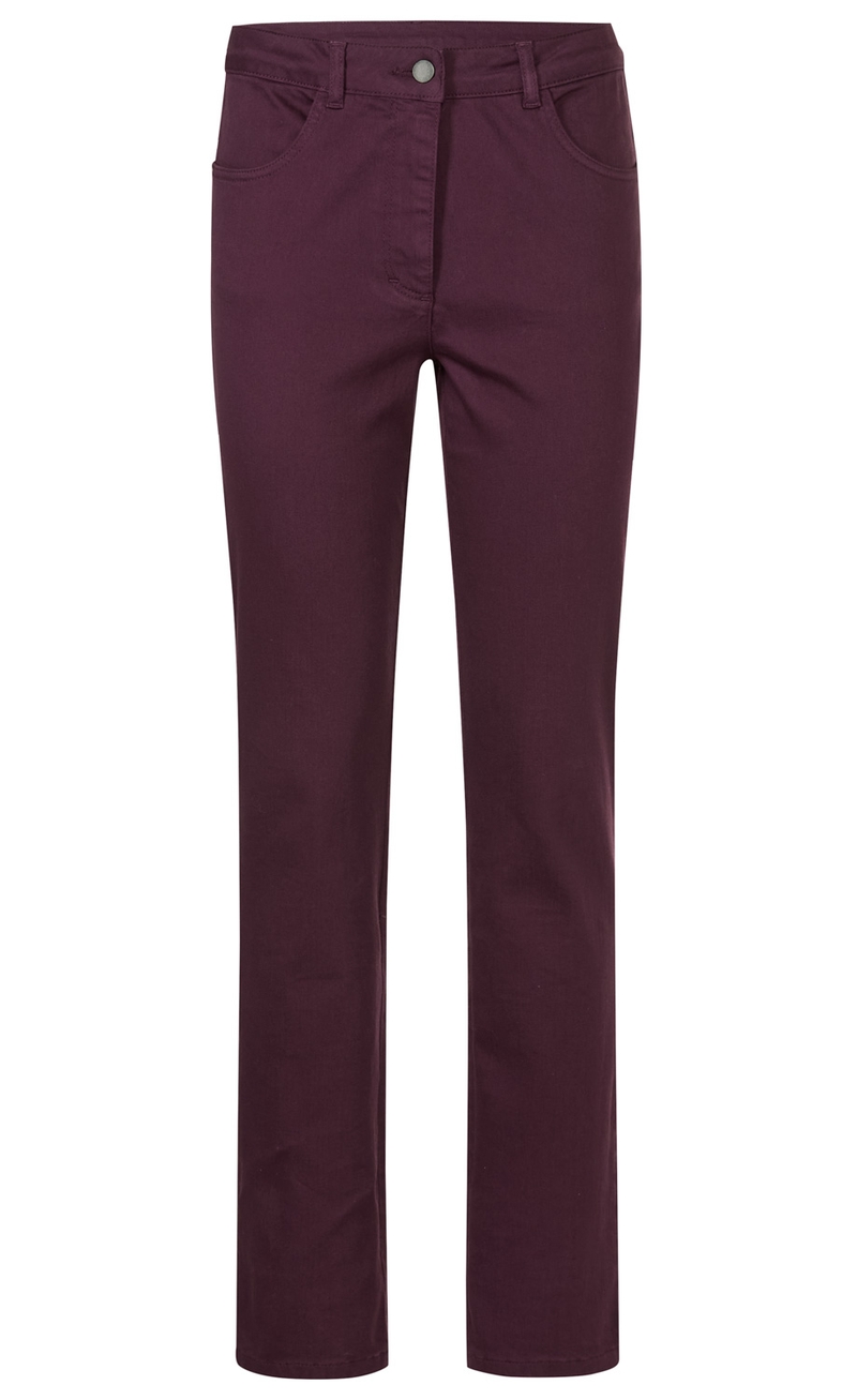 Dunkelrote Damenhose aus Baumwolle, gerade geschnitten, mit Gürtelschlaufen, zwei Vordertaschen, Knopfverschluss und Reißverschluss, schlichte elegante Optik, knöchellang