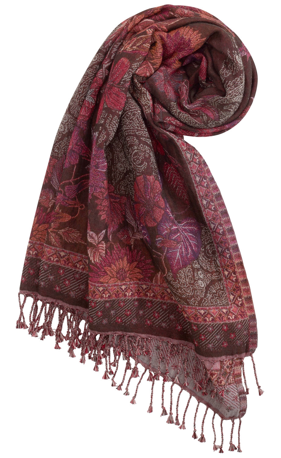 Brauner und roter Schal mit floralem Muster, fein gewebt, mit Fransen an den Enden, kunstvoll eingerollt und drapiert, weiches Textil, traditionelle Ornamentik