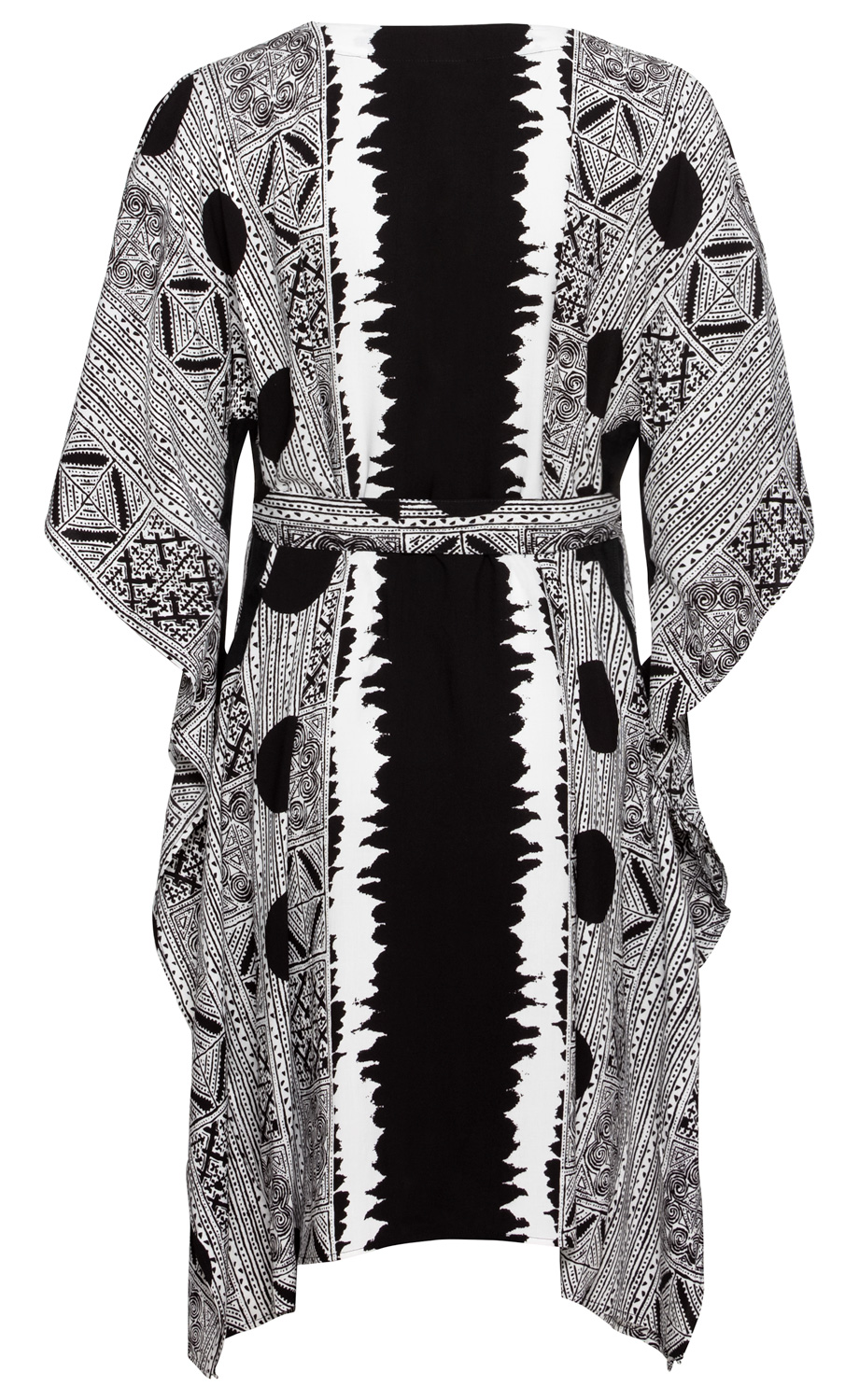 Viskose-Kaftan, schwarz-weiß, mit breitem schwarzen Mittelstreifen und komplexem geometrischem Muster, weite Armöffnung, taillierter Gürtel, locker fallender Schnitt, asymmetrischer Saum
