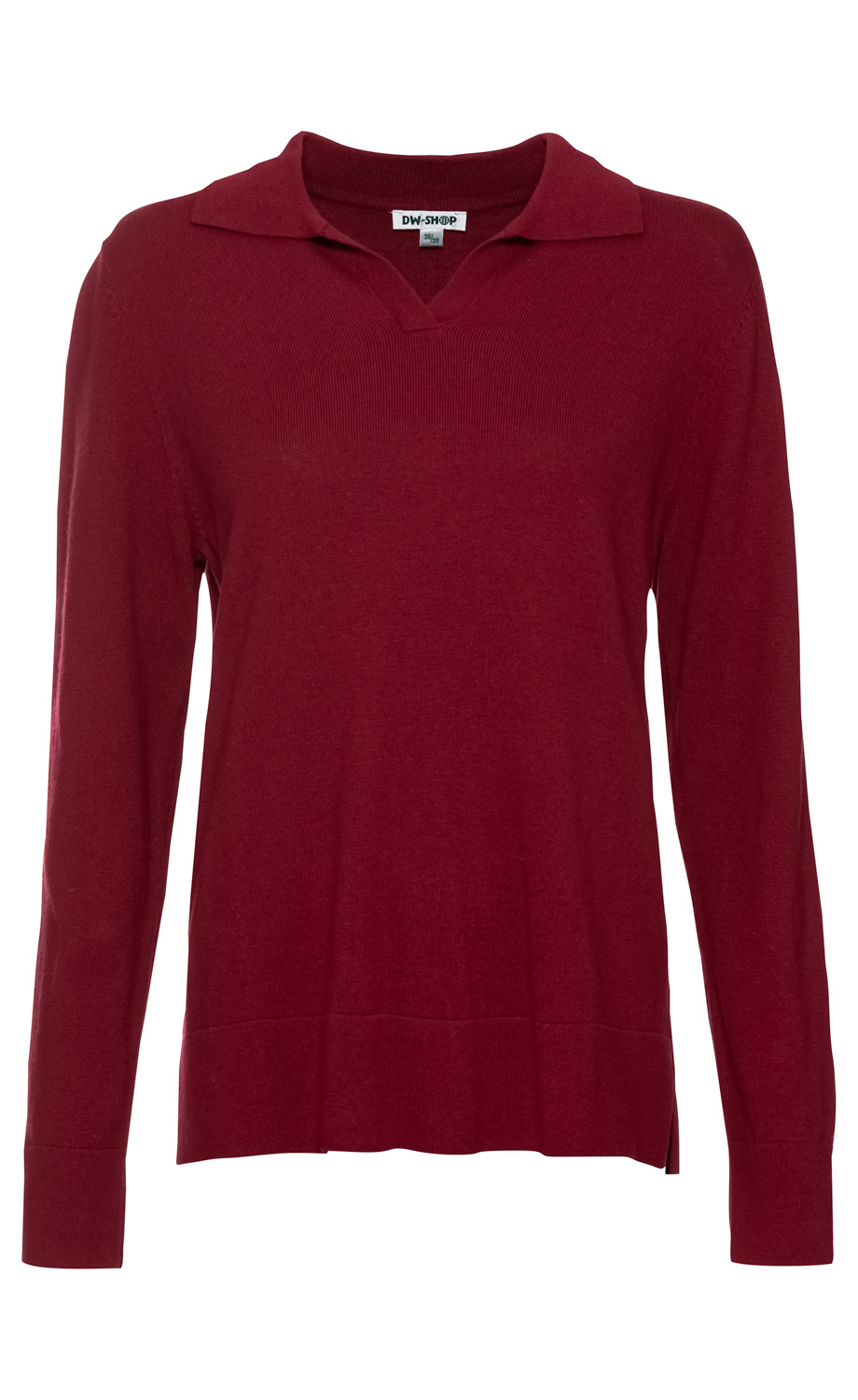 Baumwoll-Mix-Pullover in dunklem Rot mit langem Ärmel, V-Ausschnitt und Kragen, gerade Passform, fein gestrickt, mit Bündchen am Ärmelende und leicht seitlichem Schlitz am Saum