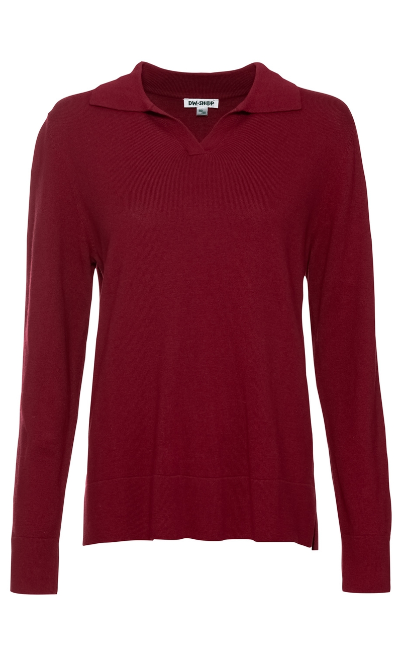 Baumwoll-Mix-Pullover in dunklem Rot mit langem Ärmel, V-Ausschnitt und Kragen, gerade Passform, fein gestrickt, mit Bündchen am Ärmelende und leicht seitlichem Schlitz am Saum