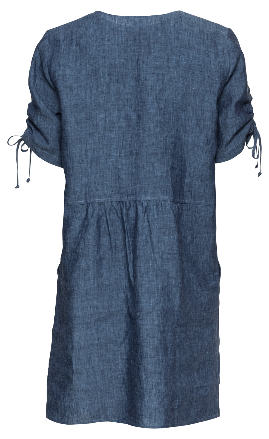 Dunkelblaue Leinen-Bluse mit kurzen, gerafften Ärmeln und Bindebändern, lockere Passform, hinten geraffter Einsatz unterhalb der Schulterpartie, schlichtes, unifarbenes Design