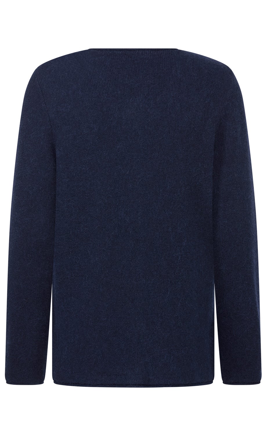 dunkelblauer Pullover mit langem Arm, flachem Rundhalsausschnitt, unifarben, aus grob gestricktem Stoff, Rückansicht auf weißem Hintergrund