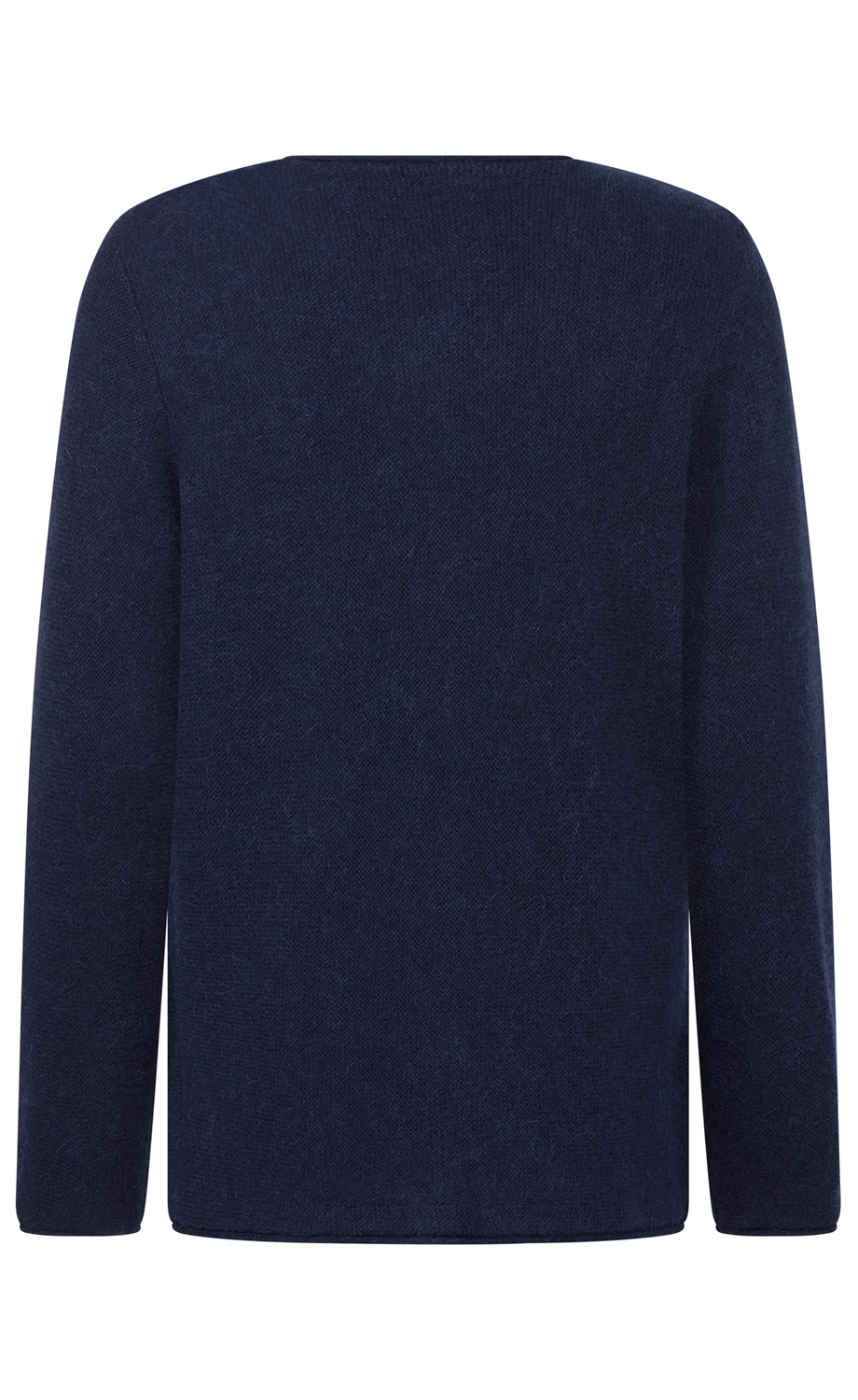 dunkelblauer Pullover mit langem Arm, flachem Rundhalsausschnitt, unifarben, aus grob gestricktem Stoff, Rückansicht auf weißem Hintergrund