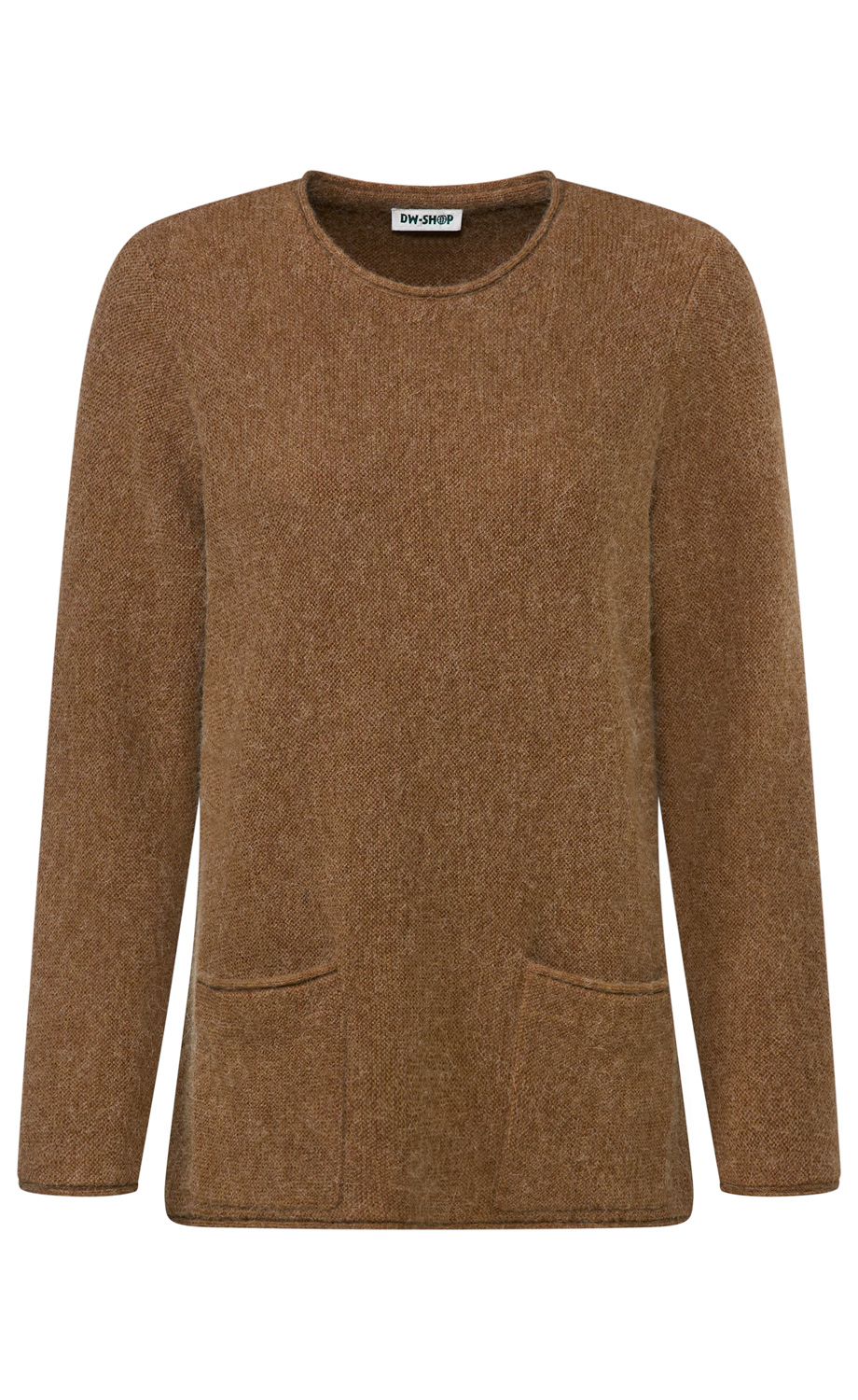 Brauner Damenpullover aus weich strukturiertem Stoff, langärmlig, mit Rundhalsausschnitt und zwei aufgesetzten Taschen vorne, schlichtes und gemütliches Design