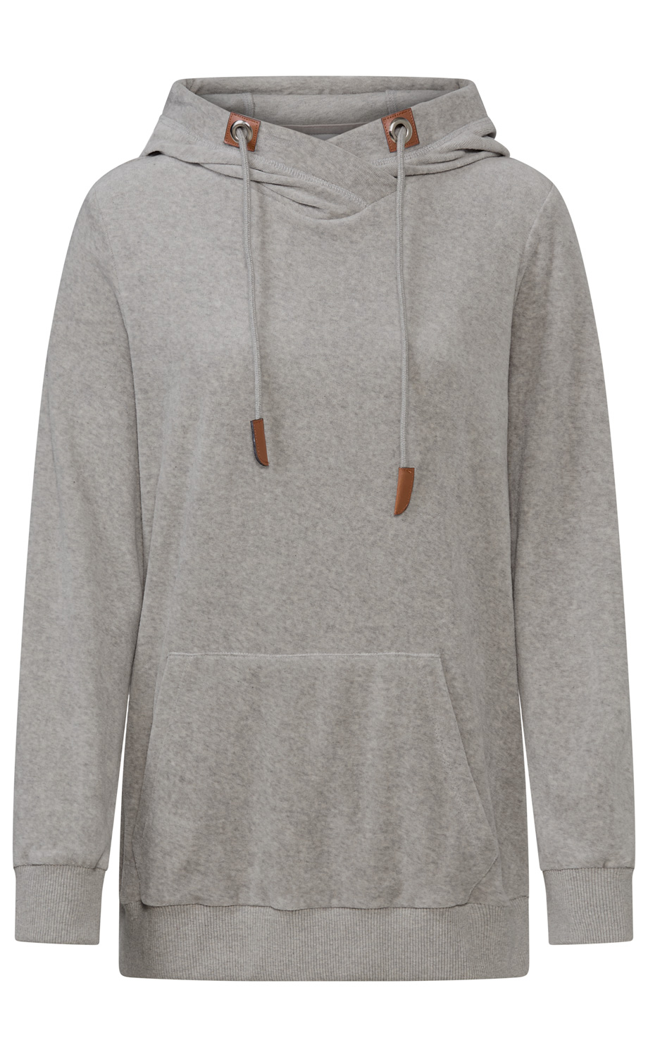 grauer Kapuzenpullover mit Kängurutasche, langen Ärmeln, gerippten Bündchen und verstellbarem Tunnelzug mit braunen Leder-Details an der Kapuze, vorne mittig, ohne Muster oder Logo