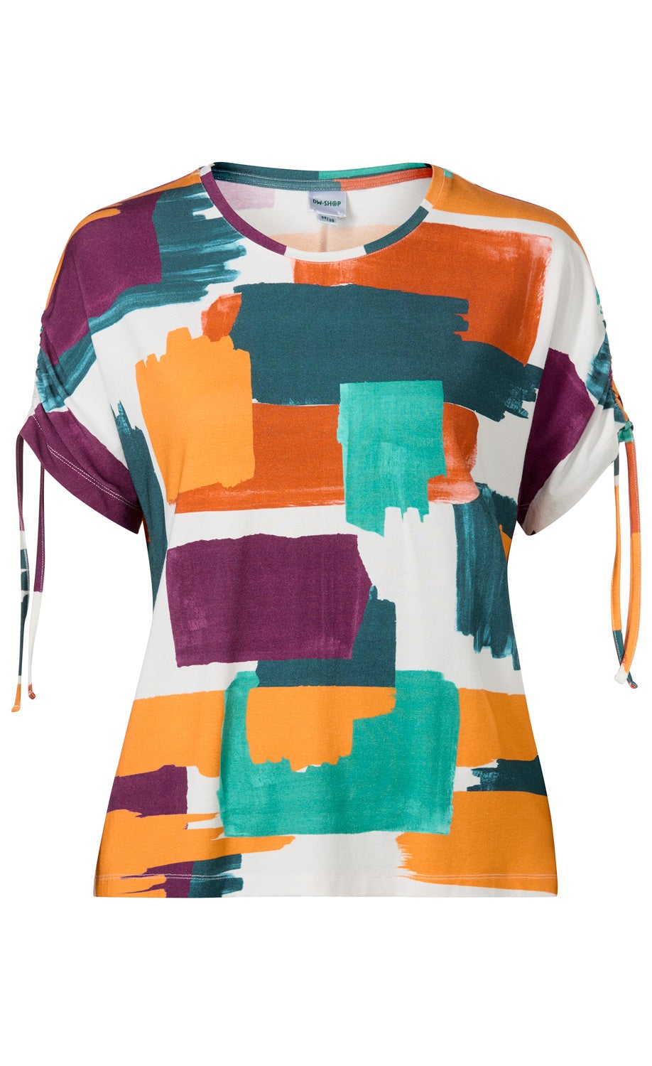 Damen Viskose-Mix-Shirt mit rundem Ausschnitt, kurzen Ärmeln mit Tunnelzug und Bindeband, abstraktes Muster in Orange, Türkis, Dunkelgrün und Lila auf weißem Hintergrund