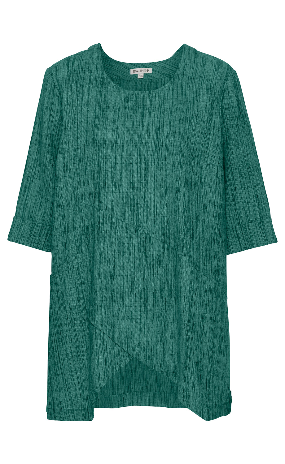 grüne Baumwoll-Bluse mit kurzarm, rundem Ausschnitt und asymmetrischem Schnittmuster, leichte Struktur, lockere Passform, bequem und casual, ideal für Alltag und Freizeit