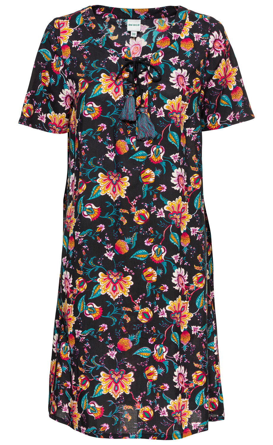Viskose-Kleid in Schwarz mit buntem, floralem Muster, kurzen Ärmeln, Rundhalsausschnitt mit V-Öffnung und Bändern mit Quasten, knielang, leichter A-Linie, leichte Falten am Saum