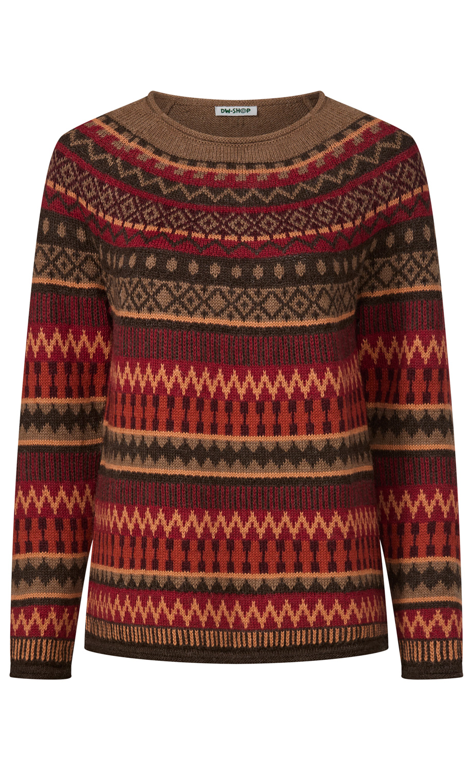 Strickpullover mit Rundhalsausschnitt in braun, rot und orange, verschiedene Zickzack- und Rauten-Muster, langärmlig, gemütlicher Winterstil