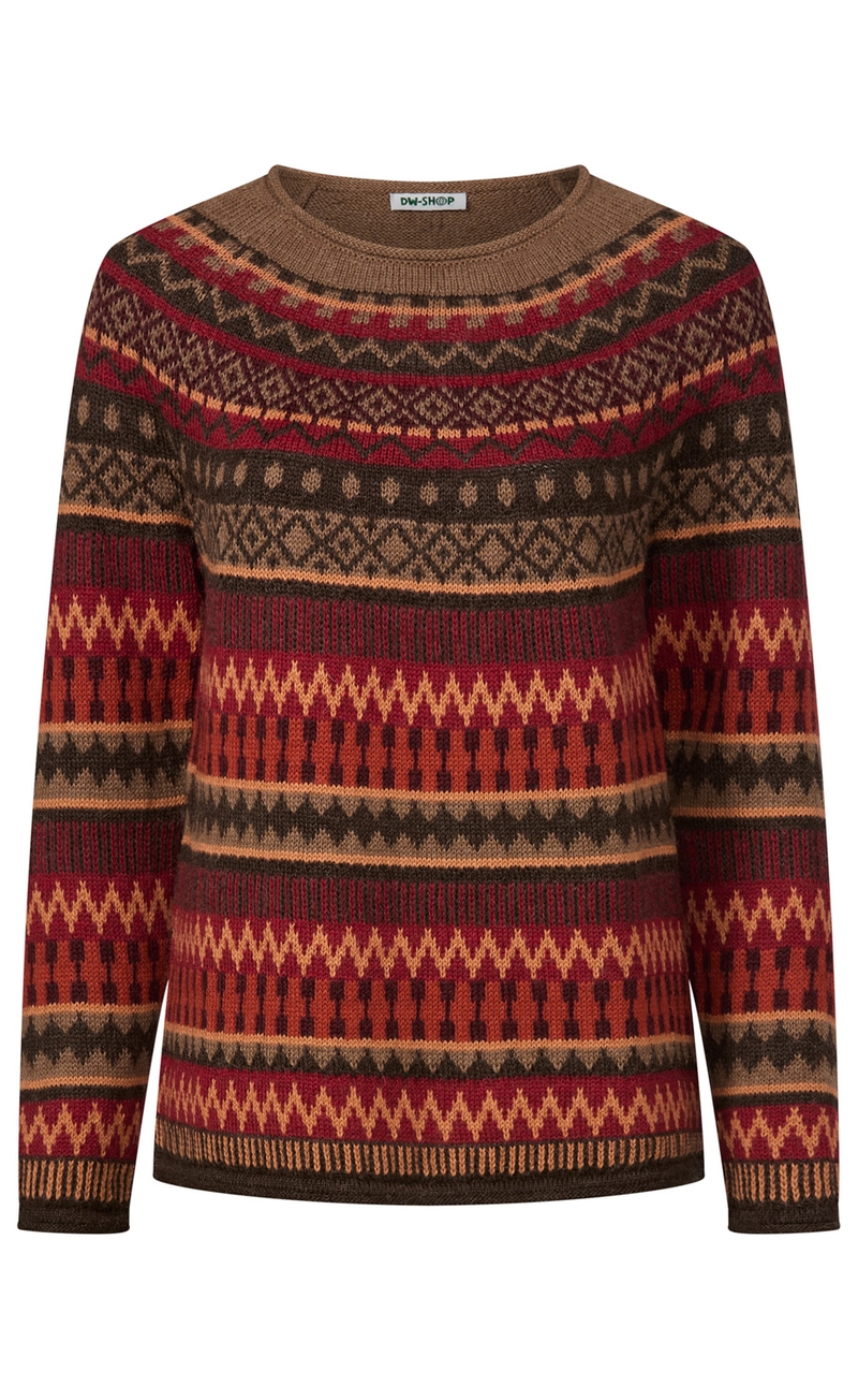 Strickpullover mit Rundhalsausschnitt in braun, rot und orange, verschiedene Zickzack- und Rauten-Muster, langärmlig, gemütlicher Winterstil