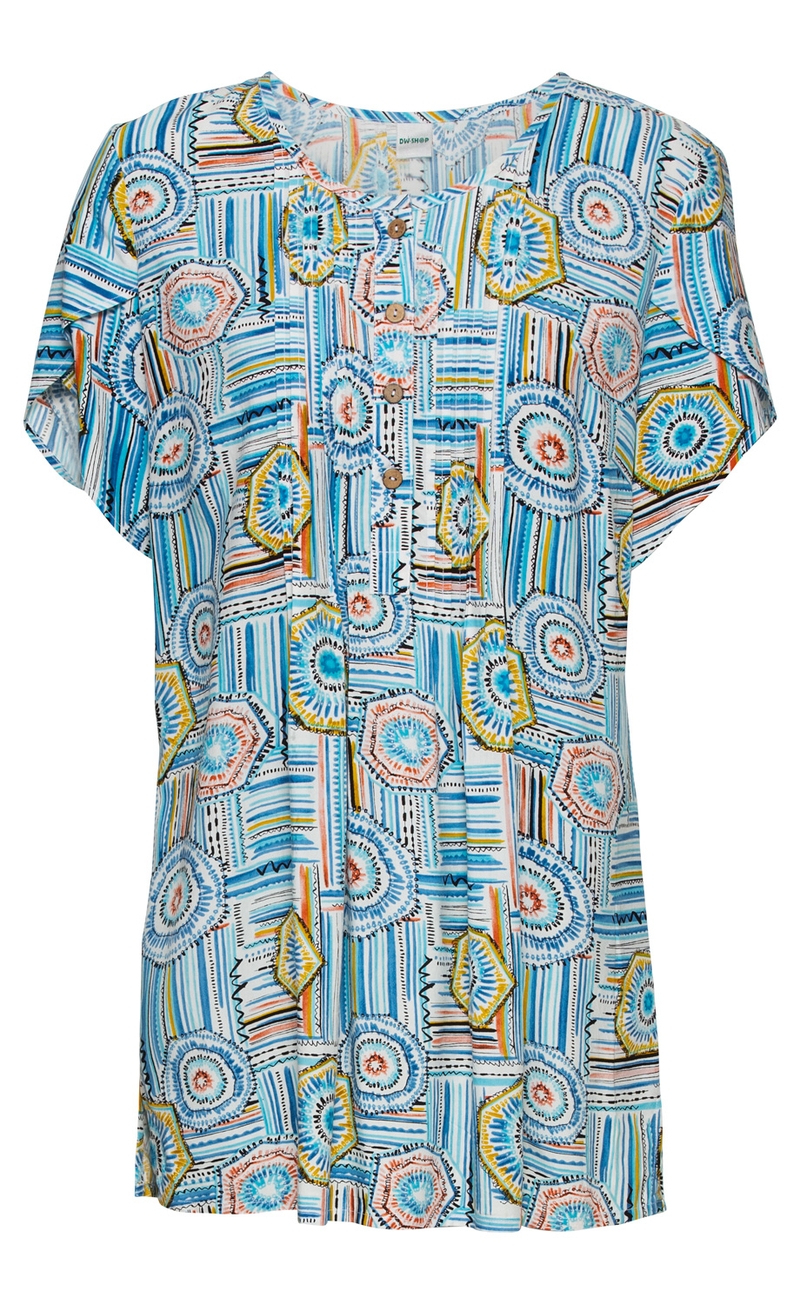Viskose-Tunika mit kurzen Ärmeln, Rundhalsausschnitt und Knopfleiste, buntes abstraktes Muster in Blau, Weiß, Gelb, Orange und Schwarz, locker geschnitten, angenehmer Sommerstoff