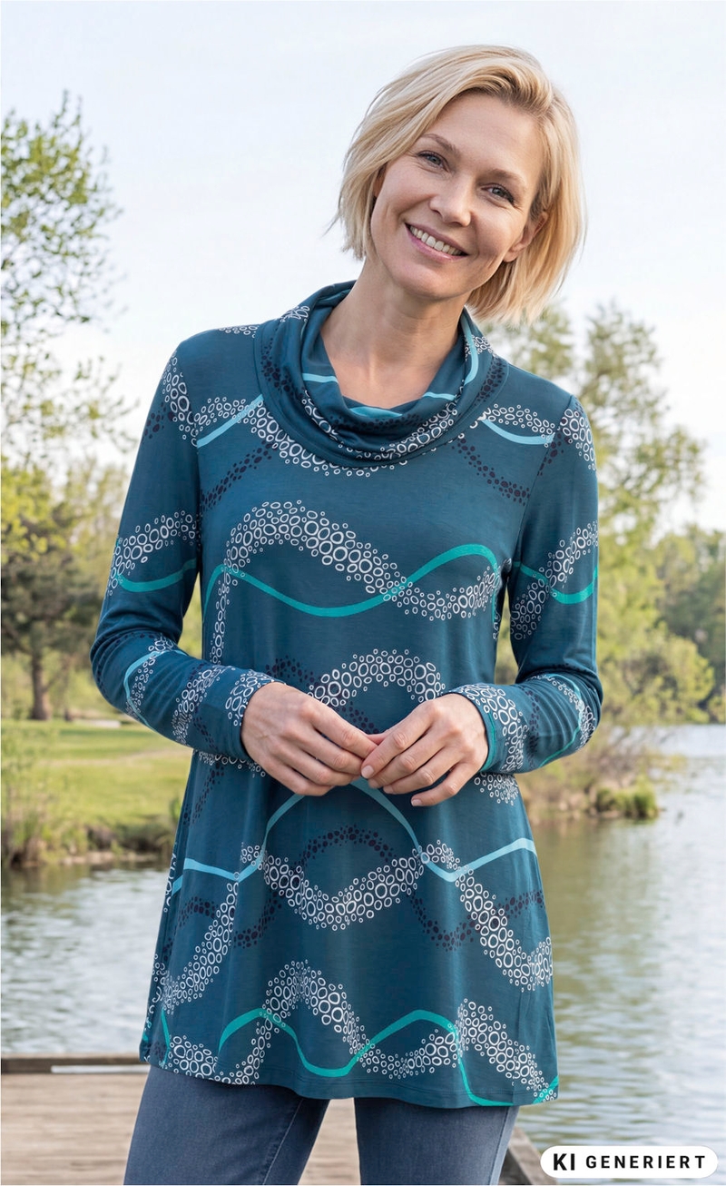 Frau mit kurzem blondem Haar trägt ein blau-grünes, langärmeliges Viskose-Shirt mit Muster aus weißen und türkisfarbenen Kreisen und Linien, steht lächelnd am Wasser mit Bäumen im Hintergrund