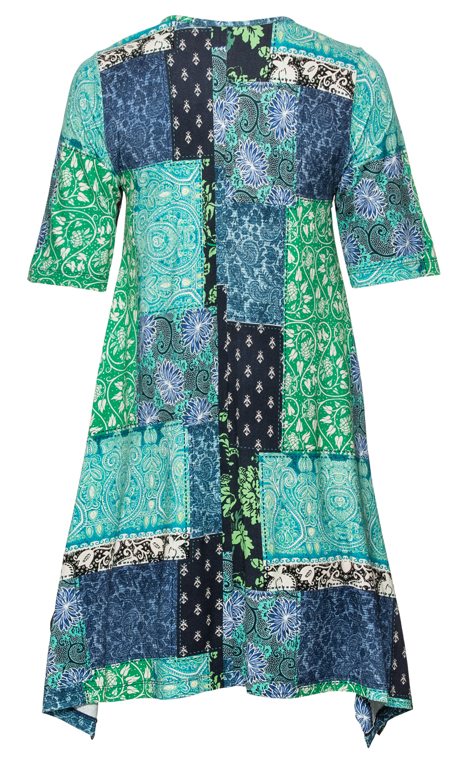 Viskose-Mix-Shirt in Patchwork-Optik, verschiedene blaue, grüne und weiße florale und Paisley-Muster, halblange Ärmel, Rundhalsausschnitt, asymmetrischer Saum, locker geschnitten