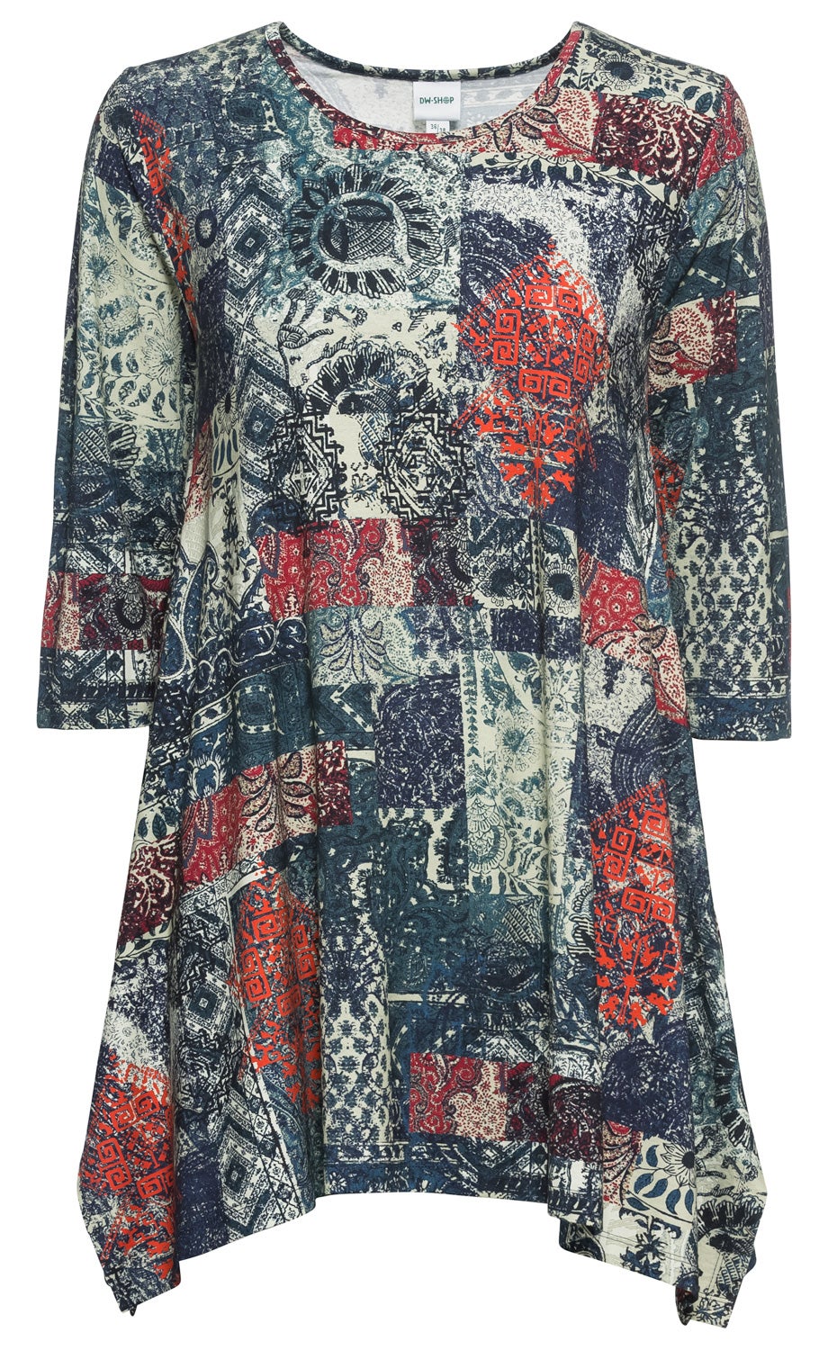Viskose-Mix-Shirt mit dreiviertel Ärmeln, weitem Saum und rundem Ausschnitt, bunt gemustert mit abstrakten und floralen Motiven in Blau-, Rot- und Cremetönen