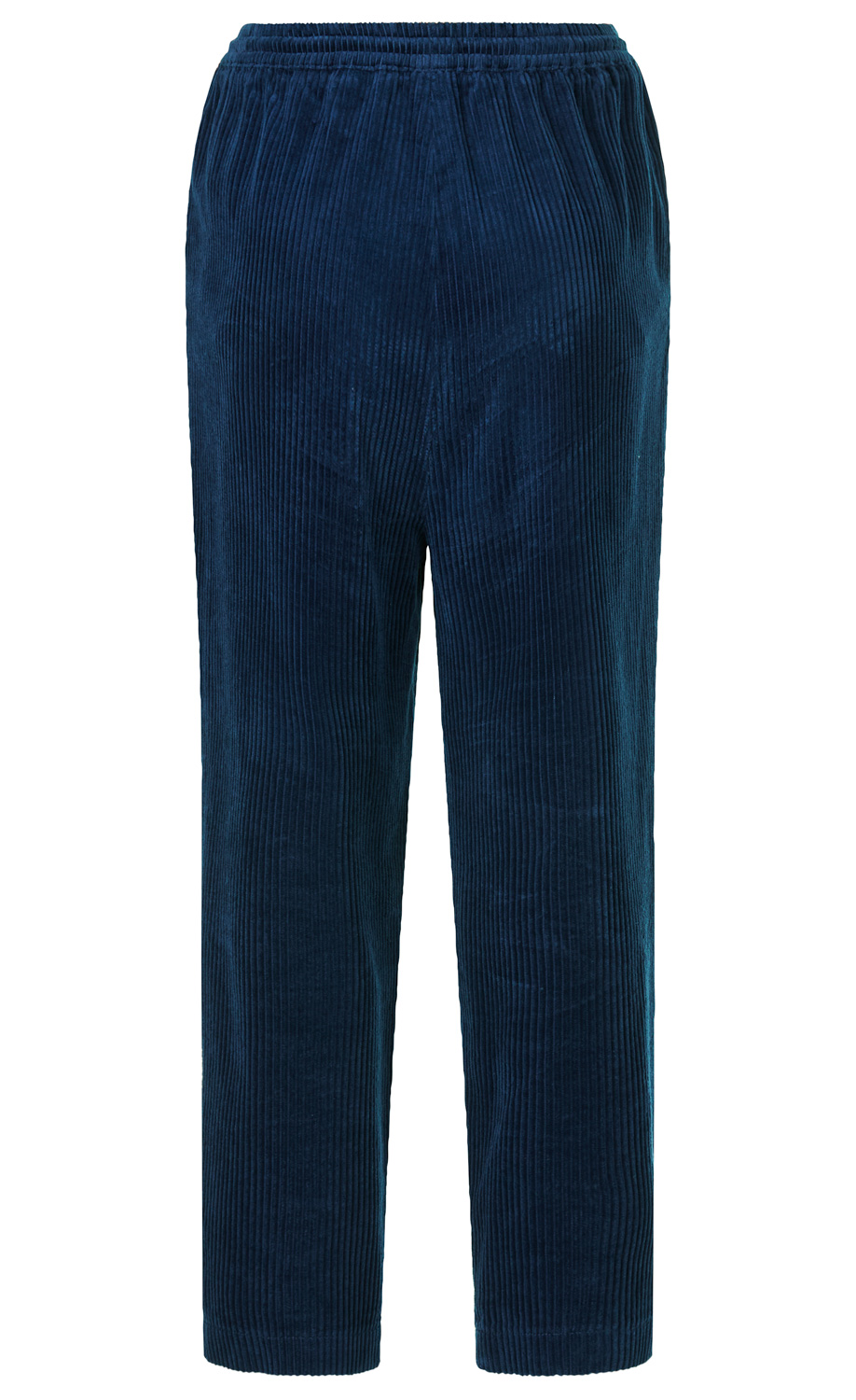 Dunkelblaue Cord-Baumwollhose mit elastischem Bund, gerade geschnitten, ohne sichtbare Taschen oder Verzierungen, für Herren oder Damen.