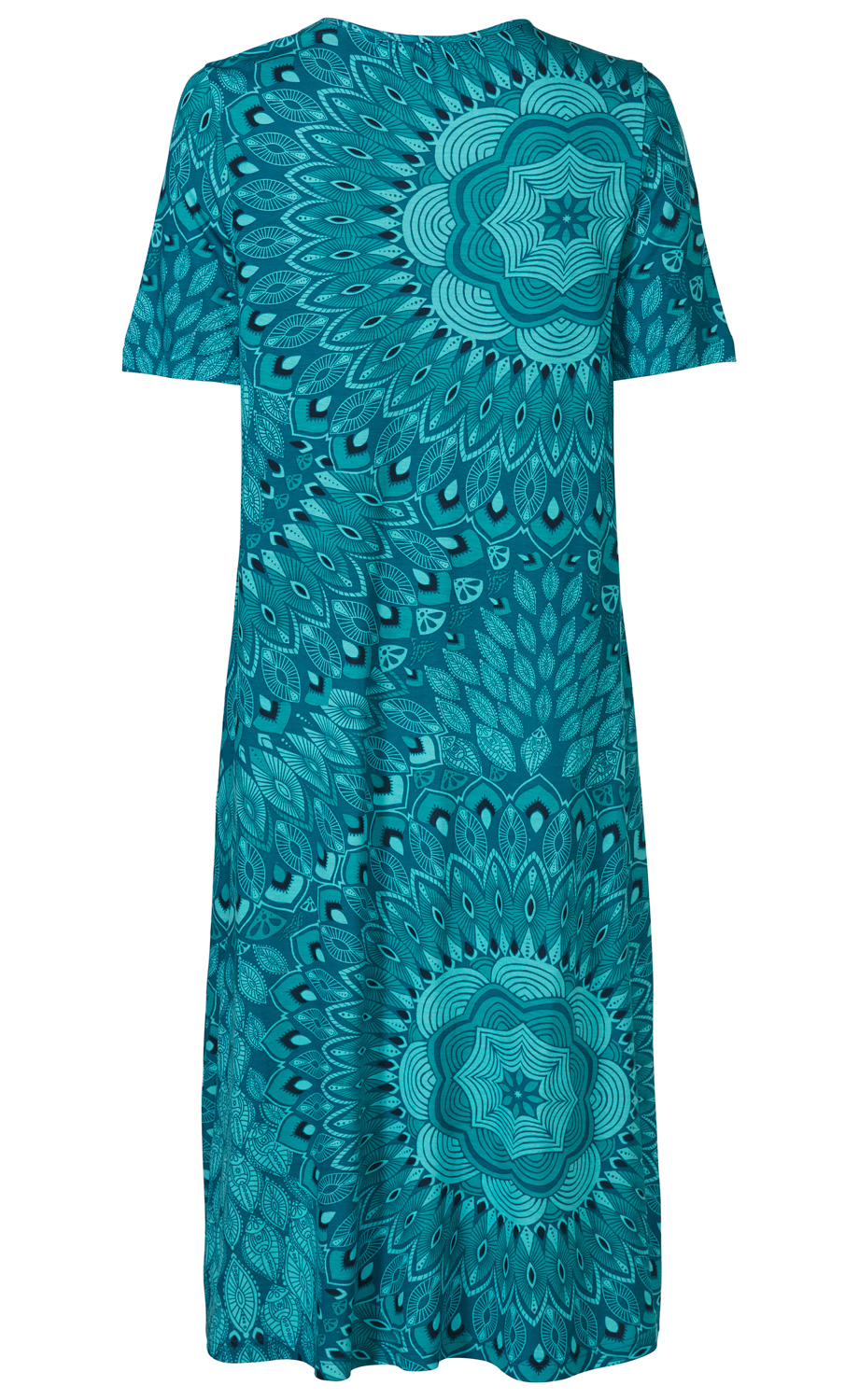 Viskose-Kleid in Türkis mit kurzen Ärmeln, weiter A-Linien-Schnitt, florales Mandala-Muster in verschiedenen Türkis- und Blautönen, knielang, leichter Fall