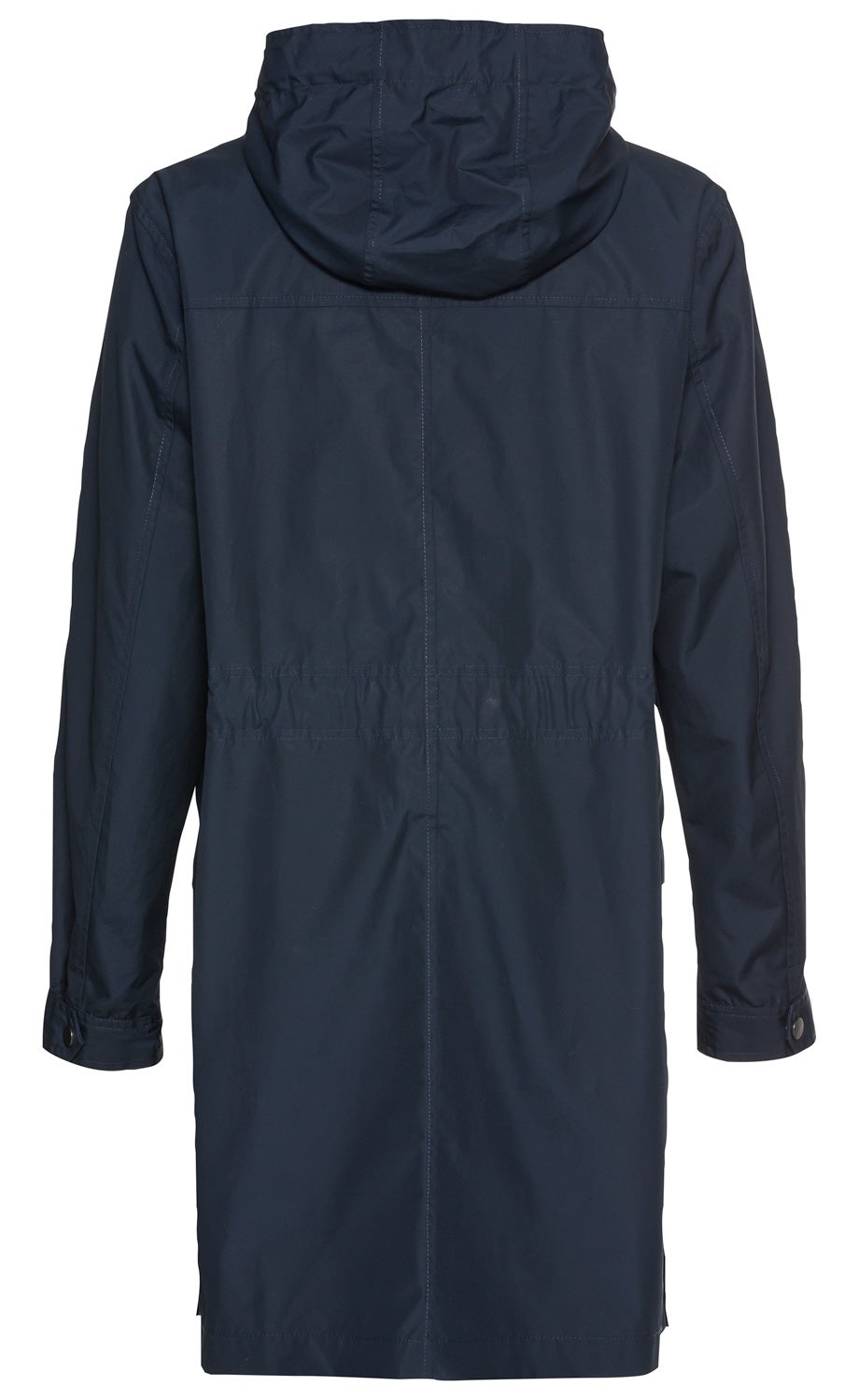Rückansicht einer dunkelblauen Baumwoll-Jacke mit Kapuze, langen Ärmeln und Taillenzug, knopfbare Ärmelabschlüsse, knieumspielende Länge, schlichte Nahtführung