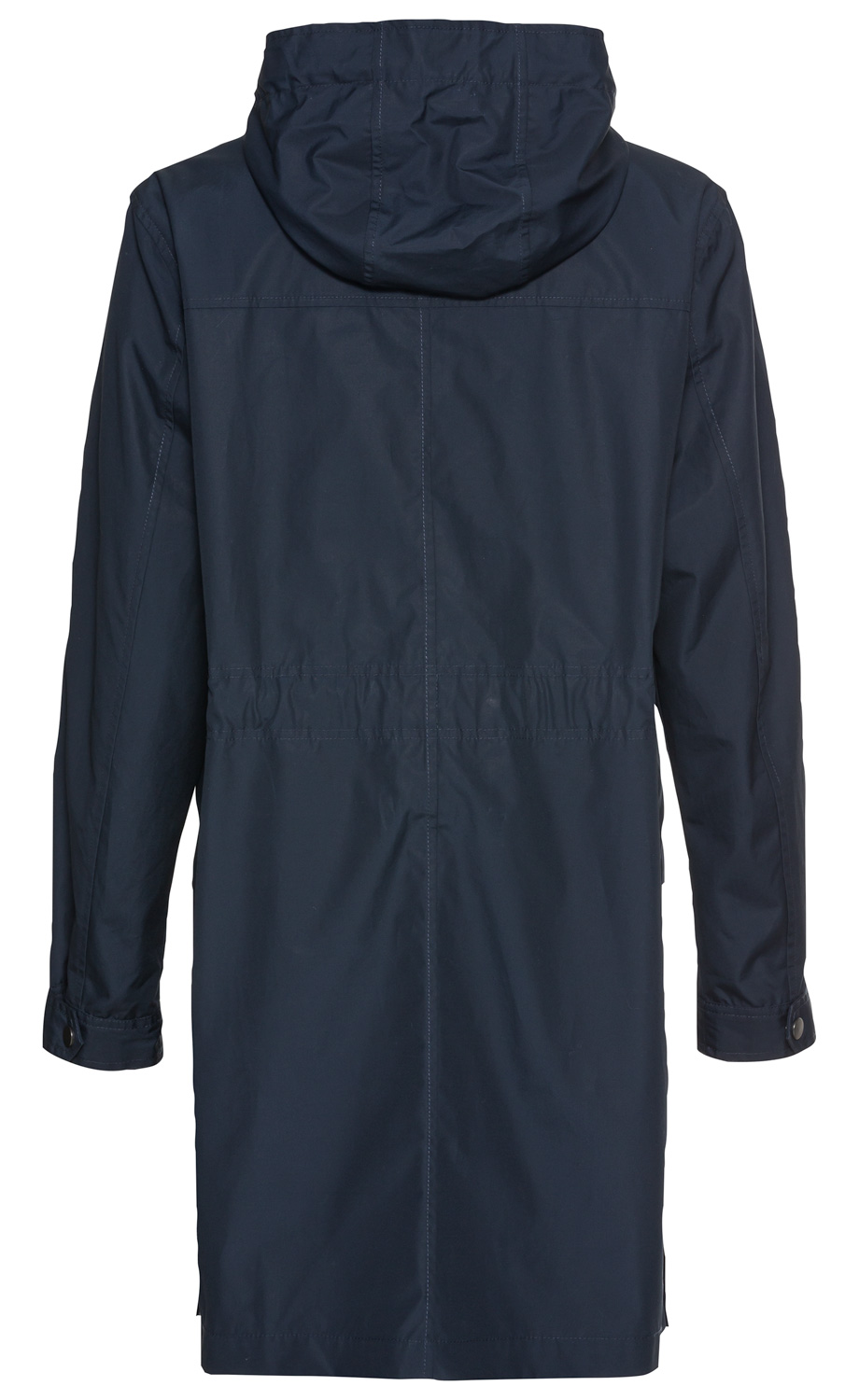 Rückansicht einer dunkelblauen Baumwoll-Jacke mit Kapuze, langen Ärmeln und Taillenzug, knopfbare Ärmelabschlüsse, knieumspielende Länge, schlichte Nahtführung