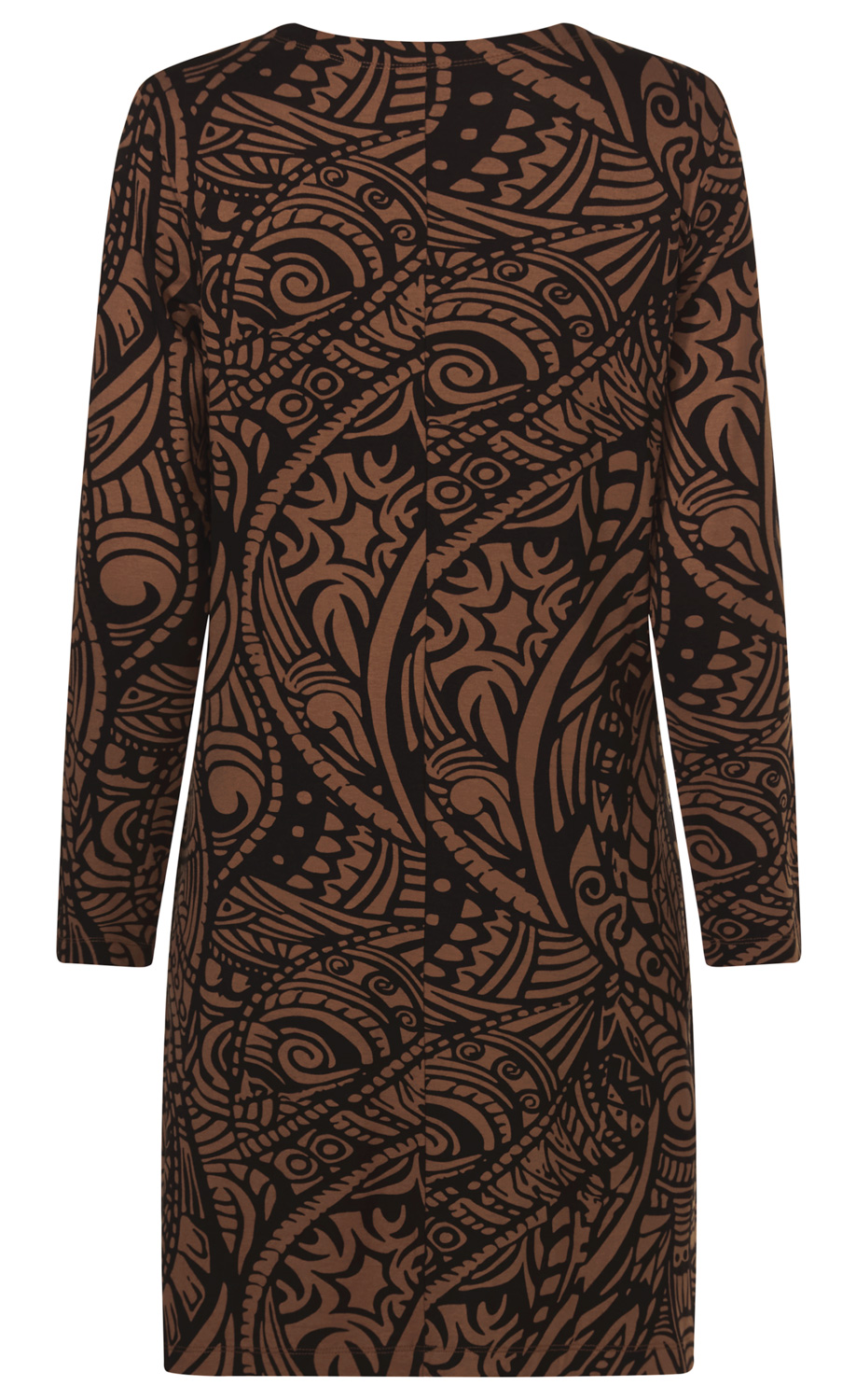 Viskose-Mix-Kleid mit langem Arm, gerade geschnitten, mit braun-schwarzem abstraktem Paisley- und Tribal-Muster, Rückansicht, knielang, ohne sichtbare Verschlüsse