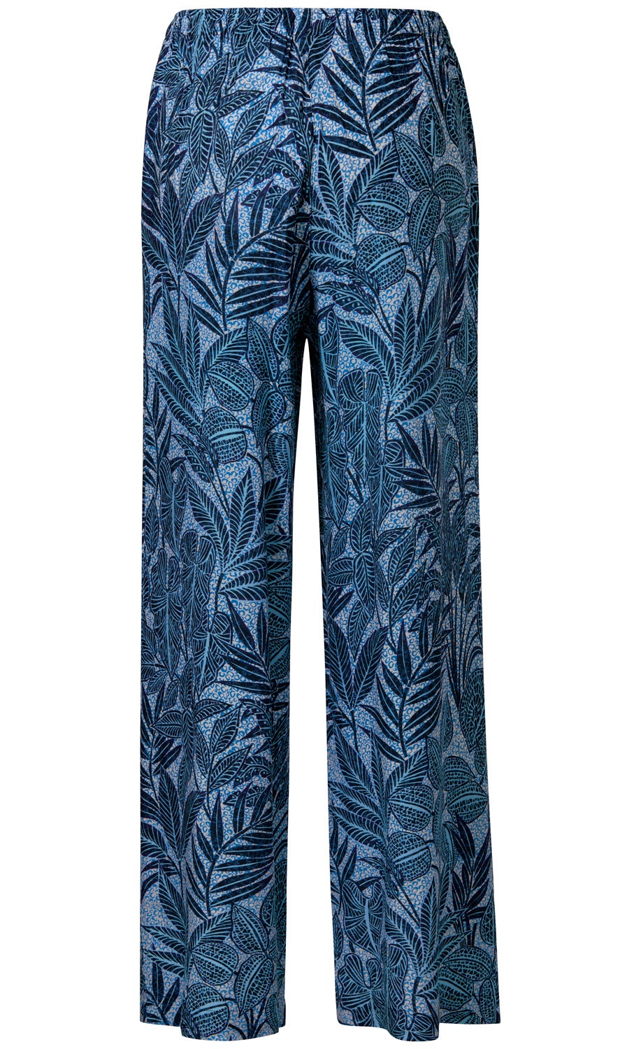 blaue Viskose-Hose mit weitem Bein und elastischem Bund, komplett mit dunkelblauem Blatt- und Pflanzenmuster bedruckt