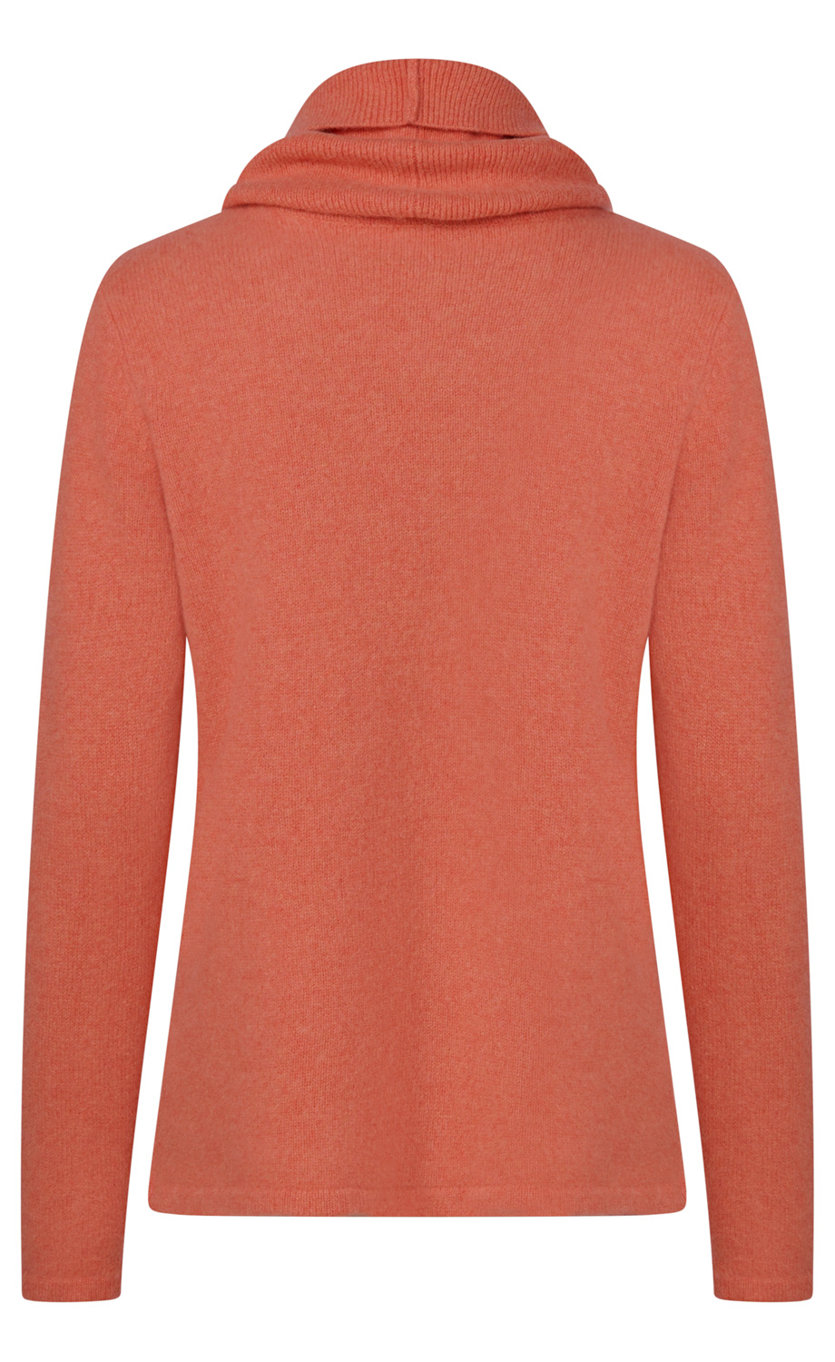 Damenpullover mit Rollkragen, langärmlig, aus weichem gestricktem Stoff in korallenrot, Rückenansicht, gerade geschnitten