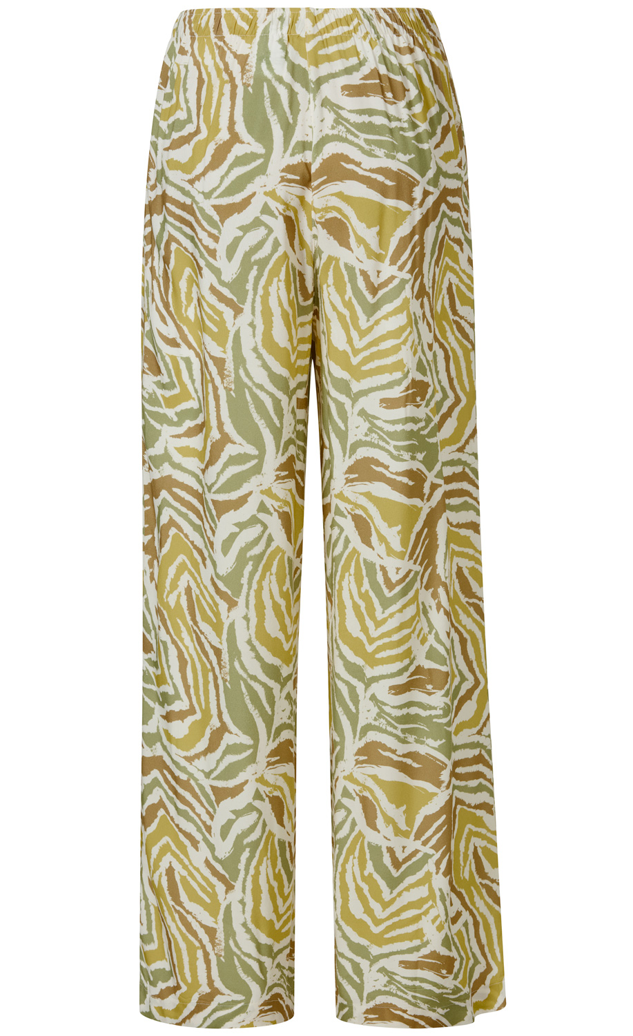 Viskose-Hose mit weitem Bein, elastischem Bund und abstraktem Animal-Print in Grün-, Beige- und Gelbtönen auf weißem Hintergrund