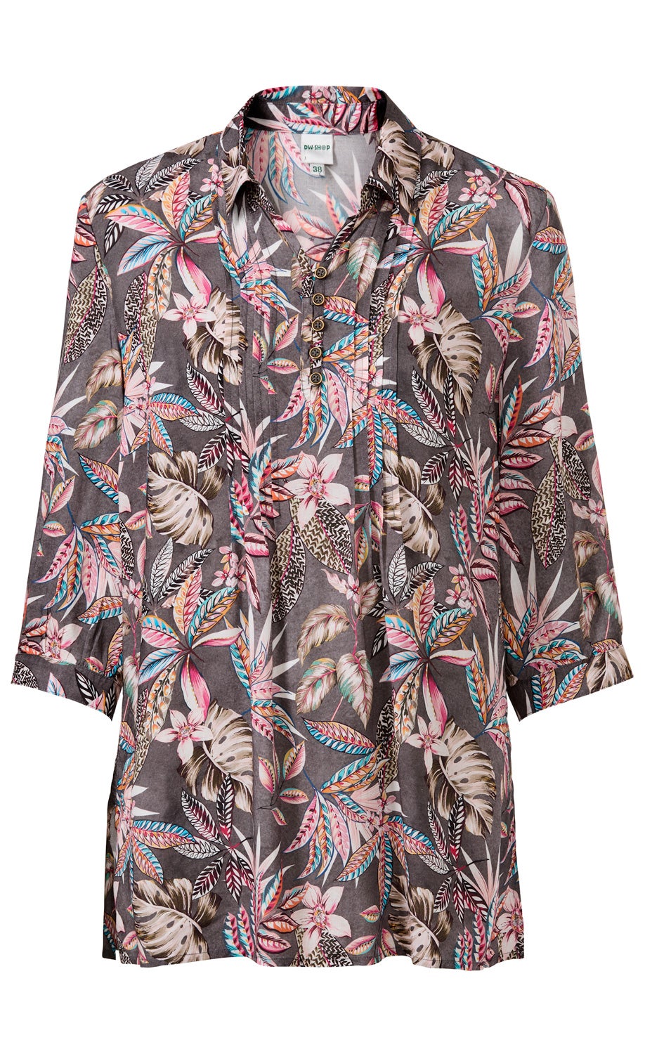 Damen-Modal-Bluse mit dunkelgrauem Grund und farbenfrohem Blumen- und Blättermuster in Rosa, Blau und Braun, 3/4-Ärmeln, V-Ausschnitt mit Knopfleiste und Stehkragen, locker fallend