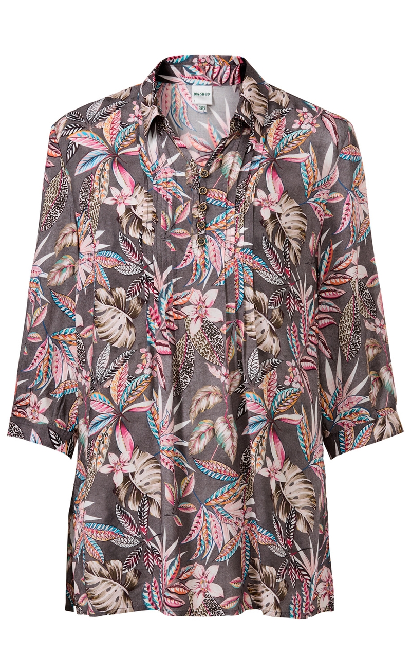 Damen-Modal-Bluse mit dunkelgrauem Grund und farbenfrohem Blumen- und Blättermuster in Rosa, Blau und Braun, 3/4-Ärmeln, V-Ausschnitt mit Knopfleiste und Stehkragen, locker fallend