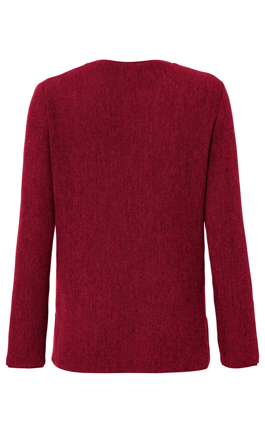 Rückansicht eines langärmligen, unifarbenen Alpaka-Pullovers in dunklem Rot mit rundem Ausschnitt und glatter, leicht strukturierter Oberfläche