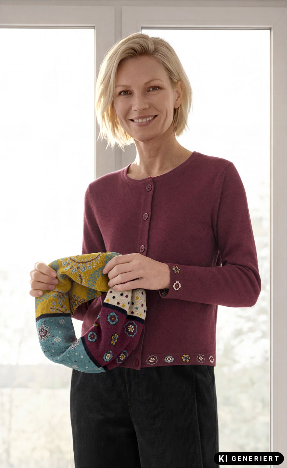 Frau trägt bordeauxfarbene Baumwoll-Strickjacke mit Knöpfen und Blumenstickerei am Saum und Ärmel, hält bunte, gemusterte Strickschal mit Gelb-, Blau- und Burgundertönen, hinter ihr Fenster mit Tageslicht