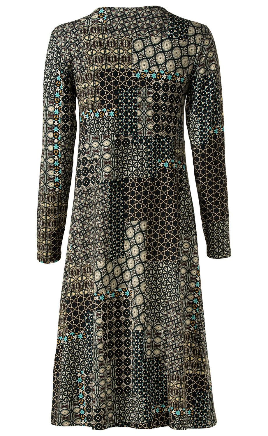 Viskose-Mix-Kleid mit langen Ärmeln, knielang, Patchwork-Muster in Schwarz, Beige und Türkis, verschiedene geometrische und florale Ornamente, leicht taillierte Form