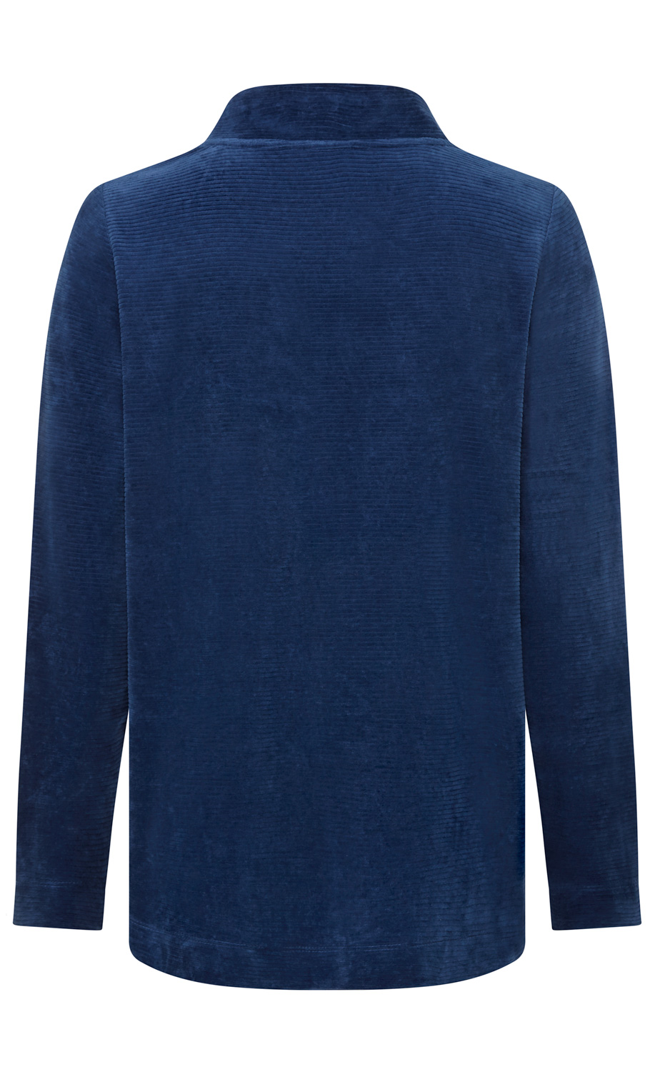 Dunkelblauer Cordpullover mit langem Arm, Stehkragen, gerade geschnitten, Rückansicht, weiche Stoffstruktur, leicht gerippte Oberfläche