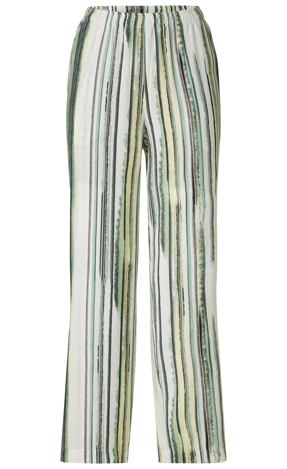 Viskose-Hose mit elastischem Bund, gerade geschnitten, weiß mit vertikalen Streifen in Grün, Hellgrün, Gelb und Schwarz in Aquarelloptik