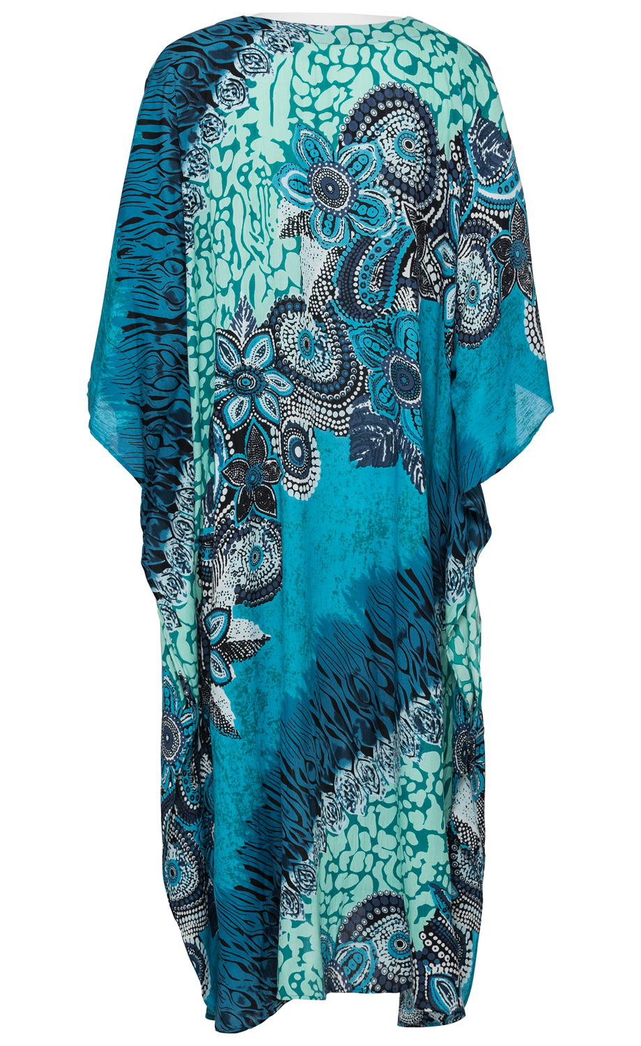 Blauer und türkisfarbener Viskose-Kaftan mit floralem und abstraktem Muster, lockere Passform, kurze Ärmel, fließender Stoff, Rückansicht