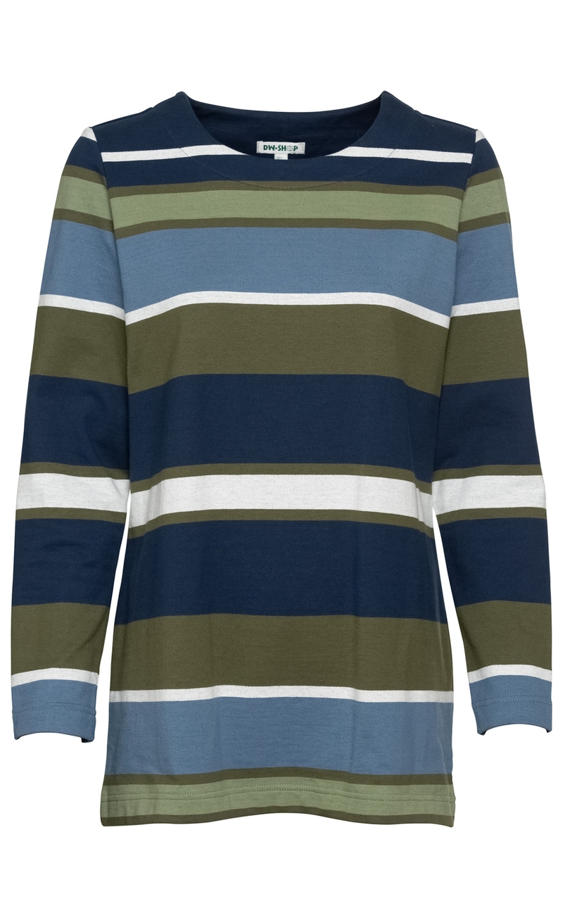 Langärmeliges Baumwoll-Shirt mit breiten horizontalen Streifen in Blau, Grün, Weiß und Navy, Rundhalsausschnitt, gerade geschnitten, schlichtes Design ohne Muster oder Applikationen
