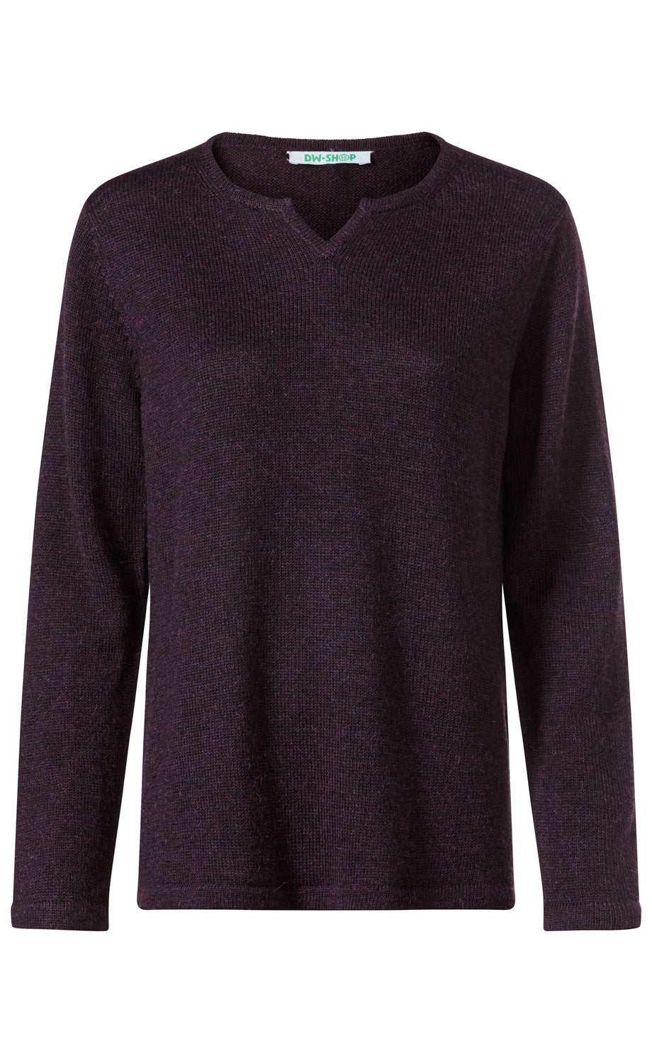 Dunkelvioletter Alpaka-Pullover mit langem Arm, Rundhalsausschnitt mit kleinem V-Detail, feine Strickstruktur, gerade geschnitten, schlichtes Design, isolierter weißer Hintergrund