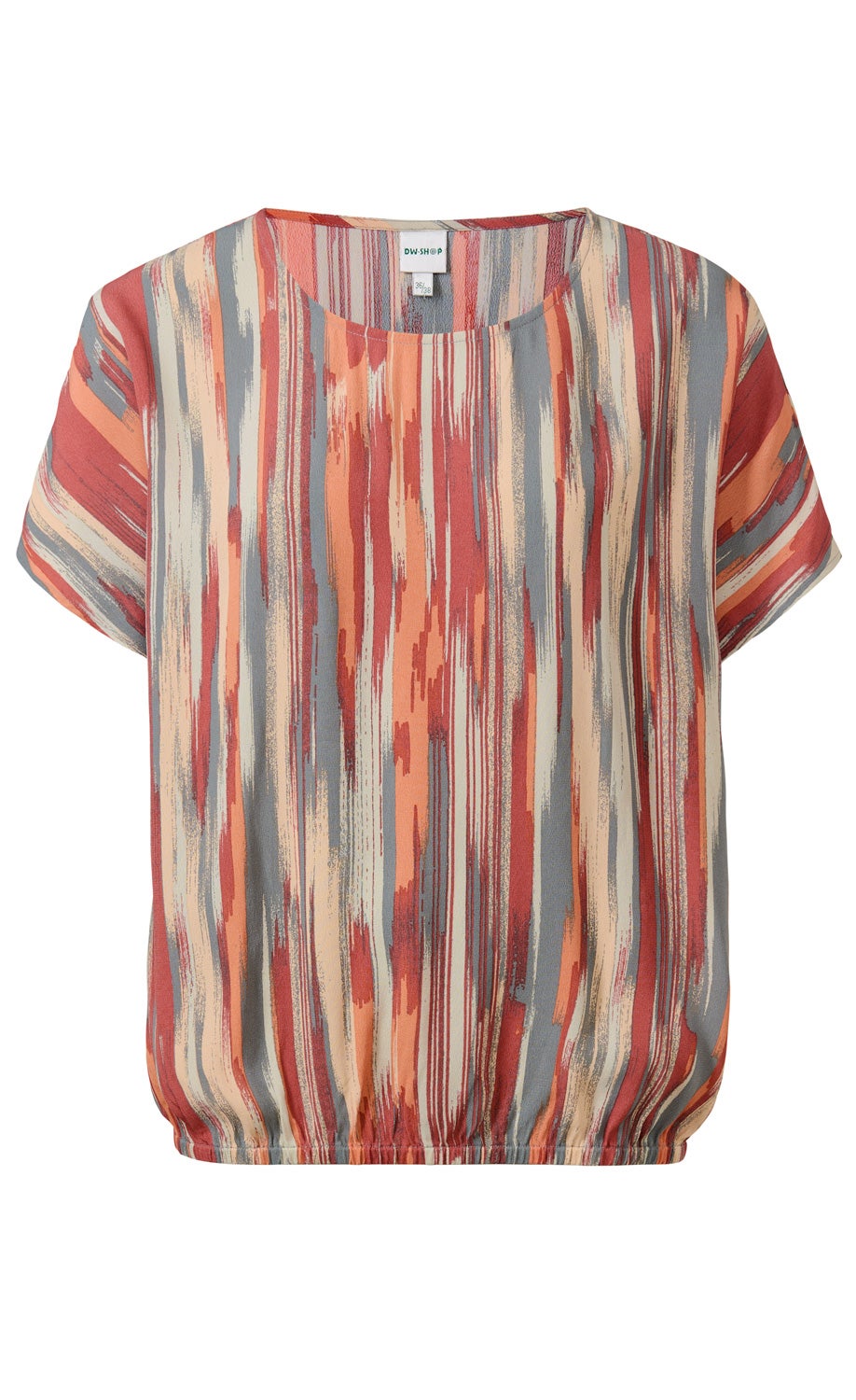 Viskose-Bluse mit kurzen Ärmeln, Rundhalsausschnitt, elastischem Saumabschluss, abstraktem vertikal gestreiftem Muster in Rot, Orange, Grau und Beige, lockere Passform