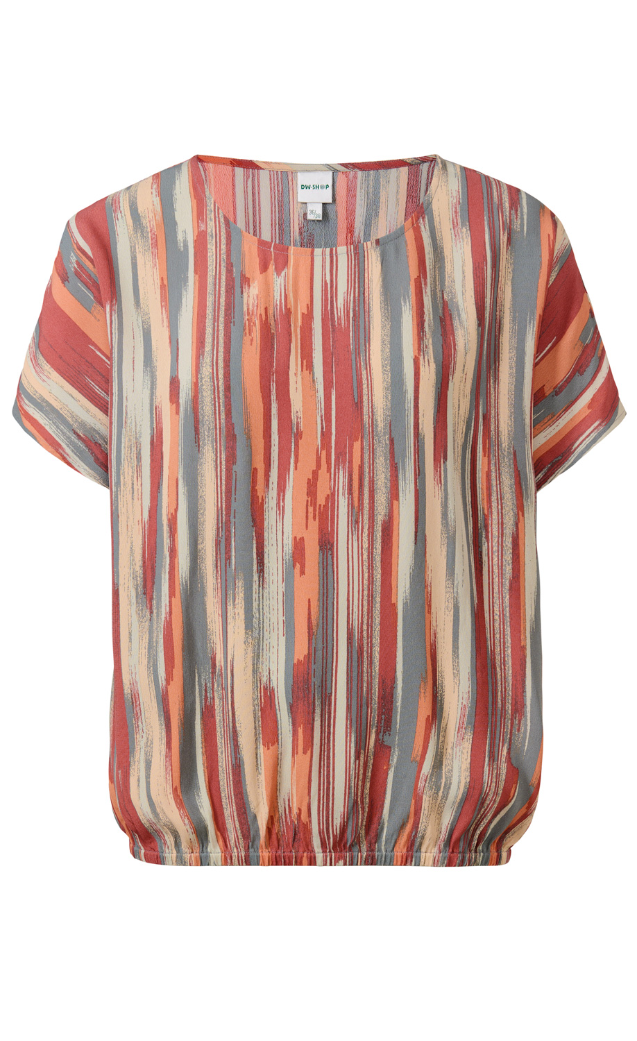 Viskose-Bluse mit kurzen Ärmeln, Rundhalsausschnitt, elastischem Saumabschluss, abstraktem vertikal gestreiftem Muster in Rot, Orange, Grau und Beige, lockere Passform