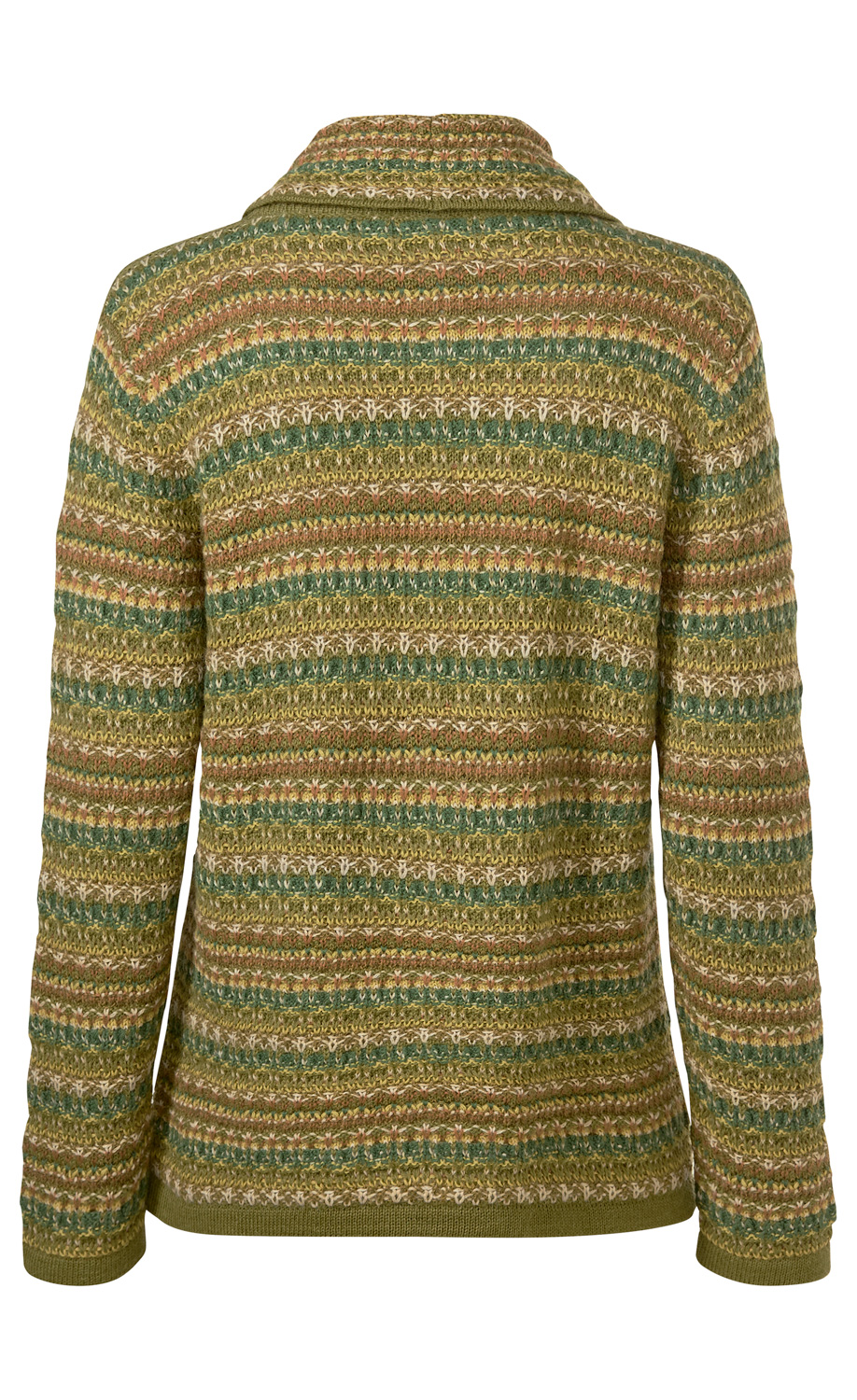 Rückansicht eines langärmligen Alpaka-Pullovers mit mehrfarbigem, gestreiftem Muster in Grün-, Braun- und Beigetönen, geripptem Kragen und Bündchen, weich und warm gestrickt