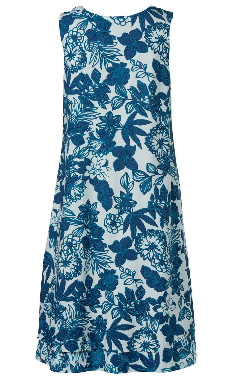 Ärmelloses Viskose-Kleid in A-Linie mit blauem Blumen- und Blättermuster auf weißem Hintergrund, Rundhalsausschnitt, leichter A-Linien-Schnitt, mittellang, sommerlich und luftig.