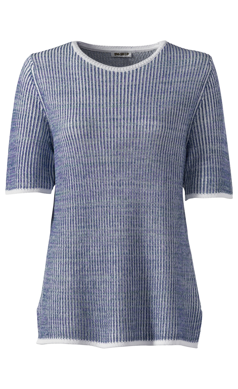 Baumwoll-Pullover mit kurzen Ärmeln, Rundhalsausschnitt, blau-weiß gestreift, gerippte Struktur, weiße Saumabschlüsse, gerade geschnitten, leichter Stoff