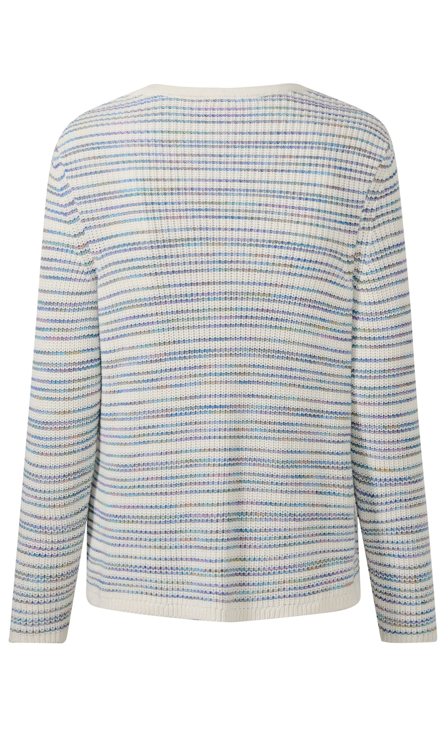 Baumwoll-Strickjacke mit feinen horizontalen Streifen in Blau, Lila und Grün auf weißem Grund, lange Ärmel, gerader Schnitt, leicht strukturierte Oberfläche, Rückansicht
