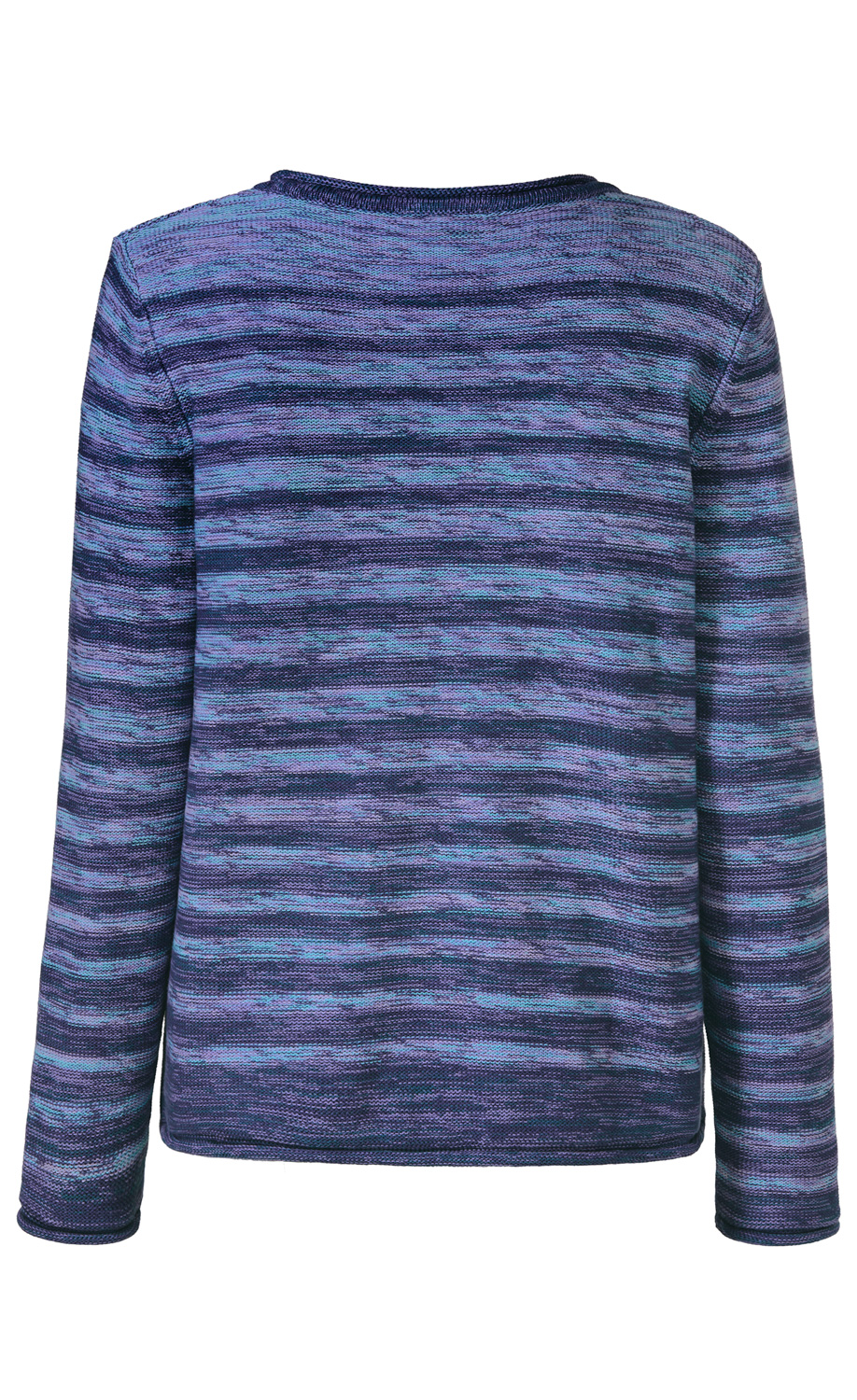 Baumwoll-Pullover in verschiedenen Blautönen mit langem Arm und Rundhalsausschnitt, Rückansicht, strukturierter Strickstoff, eng anliegend, gerader Saum