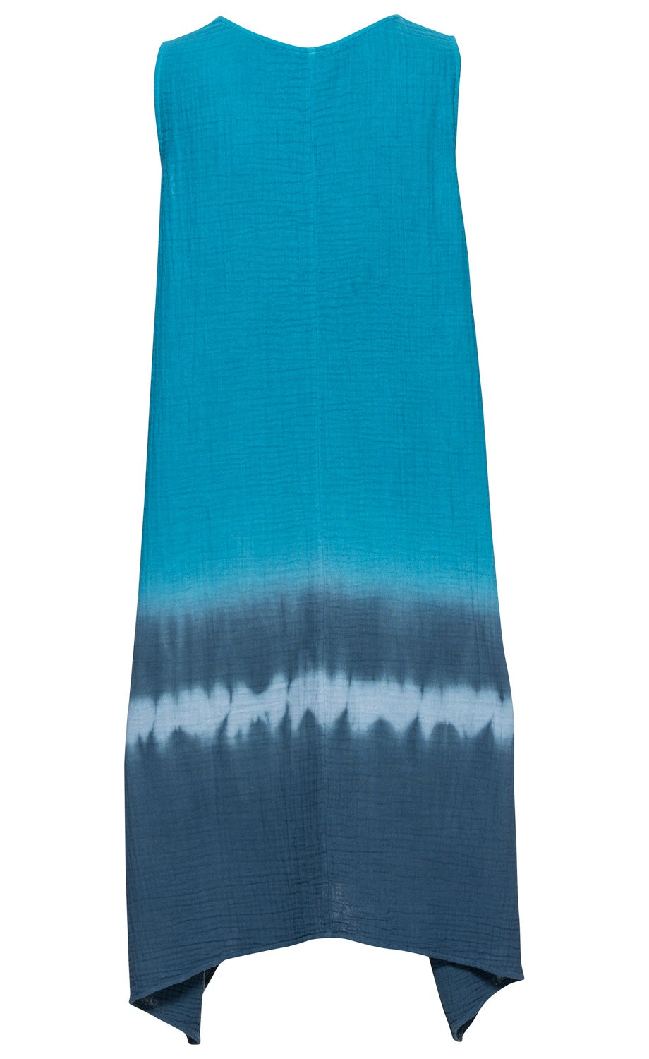 Baumwoll-Kleid ohne Ärmel, in Blau und Dunkelblau mit weißem Batik-Muster, V-Ausschnitt hinten, asymmetrischer Saum, leichte Plissee-Struktur
