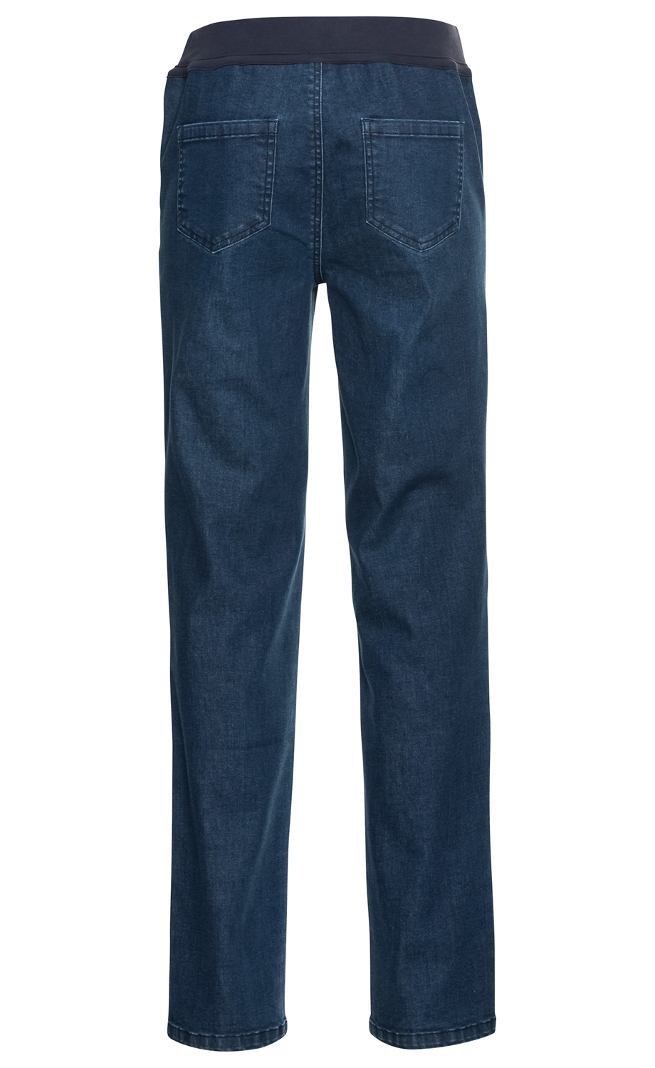 Dunkelblaue Jeanshose mit geradem Bein, elastischem Bund in Dunkelblau, zwei aufgesetzten Gesäßtaschen, Rückansicht, schlichte Nahtverarbeitung, ohne sichtbare Verschlüsse oder weitere Verzierungen