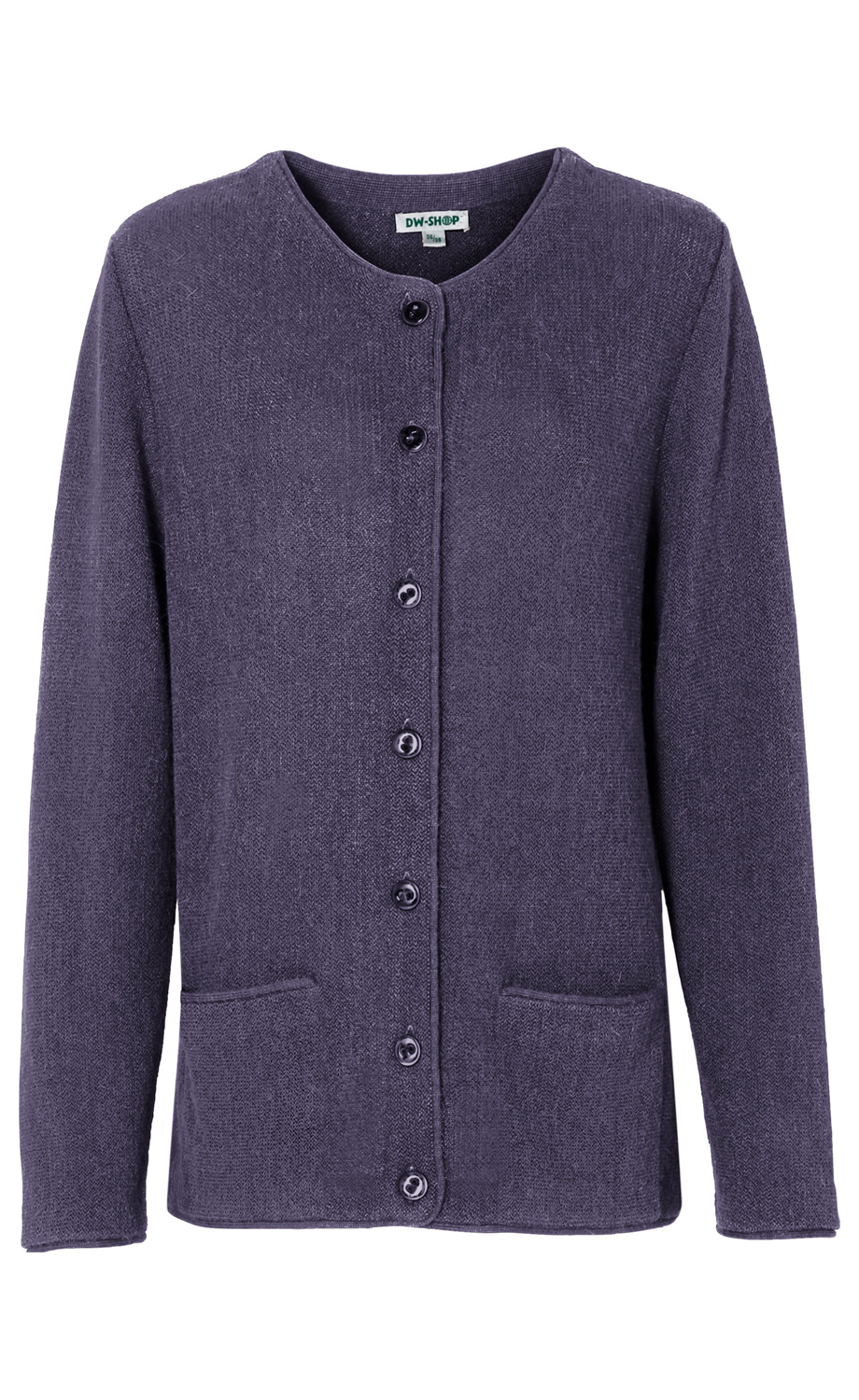 Dunkelviolette Alpaka-Strickjacke mit rundem Ausschnitt, langen Ärmeln, sieben schwarzen Knöpfen und zwei aufgesetzten Taschen, mittellanger Schnitt, feine Struktur in hochwertiger Strickqualität