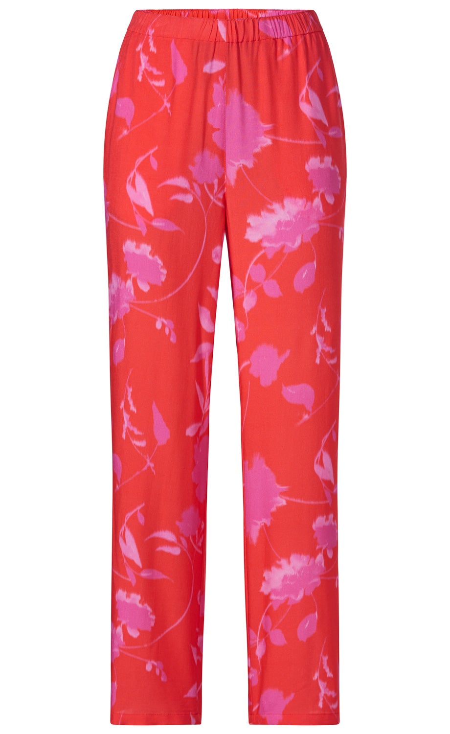 Rote Viskose-Hose mit elastischem Bund, gerade geschnitten, mit großflächigem pinkfarbenem Blumenmuster, lange Beine, leichter Stoff