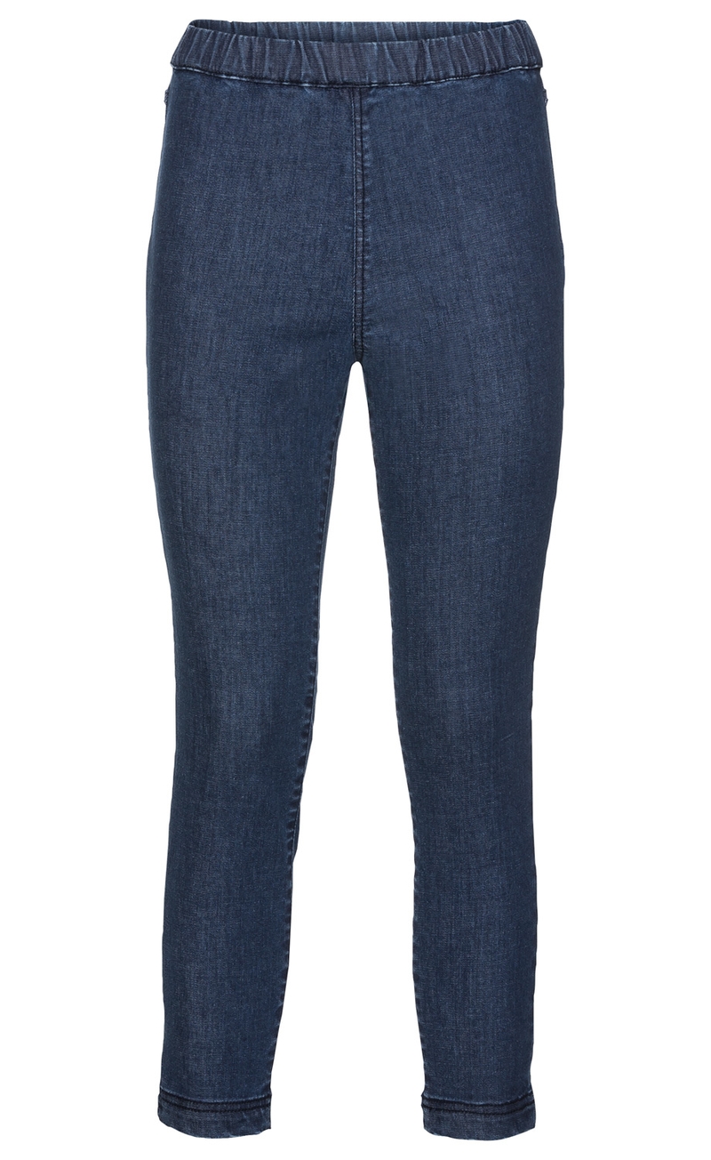 Dunkelblaue Baumwoll-Hose mit elastischem Bund, schmaler Schnitt, ohne sichtbare Taschen oder Zipper, knöchellang, glatte Oberfläche