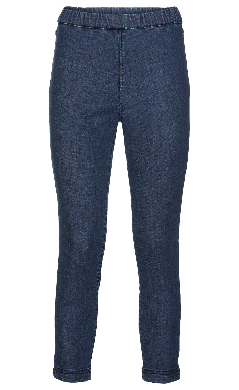 Dunkelblaue Baumwoll-Hose mit elastischem Bund, schmaler Schnitt, ohne sichtbare Taschen oder Zipper, knöchellang, glatte Oberfläche